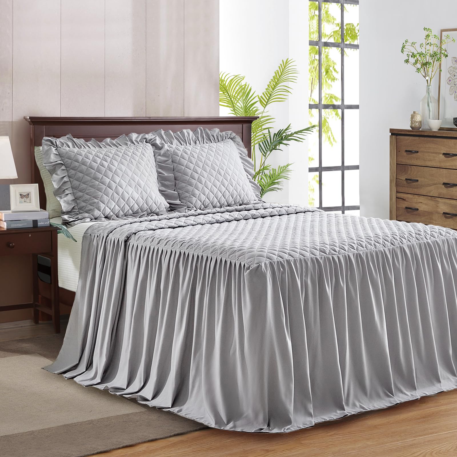 Ruffle Skirt Bedspread Set - 30" Long Drop - Vintage Chic Ruffled Summer Coverlet Bed Spreads Quilt Boho Bedding Farmhouse Style Lightweight Luxurious Rustic 2 Piece Set Twin Size Black