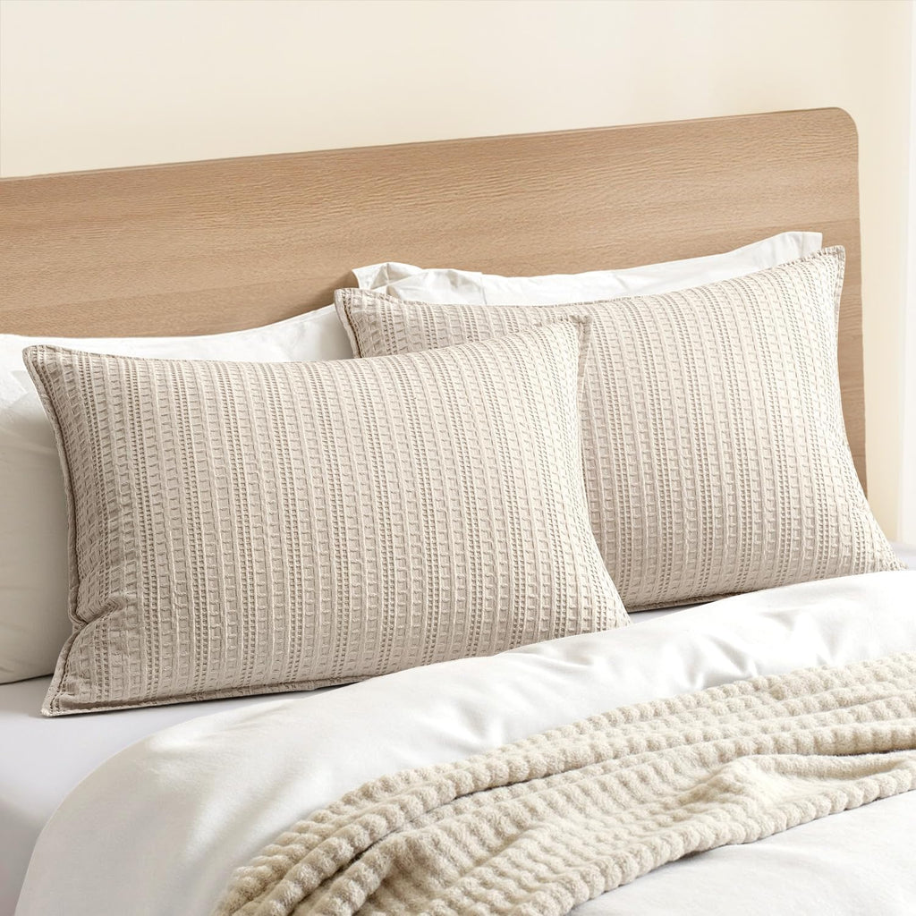 100% Cotton Waffle Pillow Shams Standard Size, 2 Pack 20x26 Decorative Pillow Covers for Bed Couch Sofa, Neutral Weave Cushion Cases Modern Farmhouse Home Decor, Oatmeal