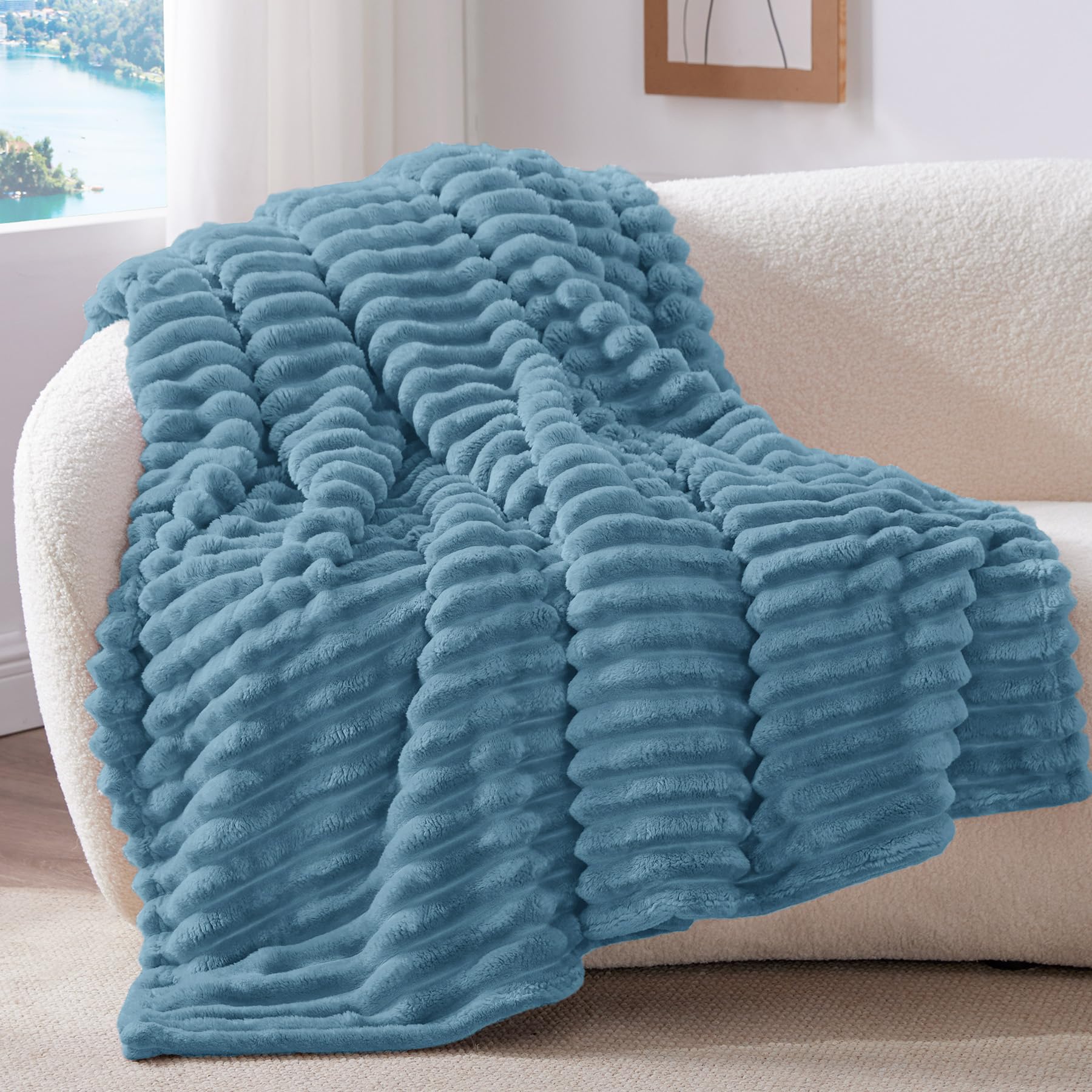 BEDELITE Fleece Throw Blanket for Couch - 300GSM Soft & Warm Fluffy Cream White Blanket, Decorative and Giftable Striped Blankets for Women, Men, 50"x60"
