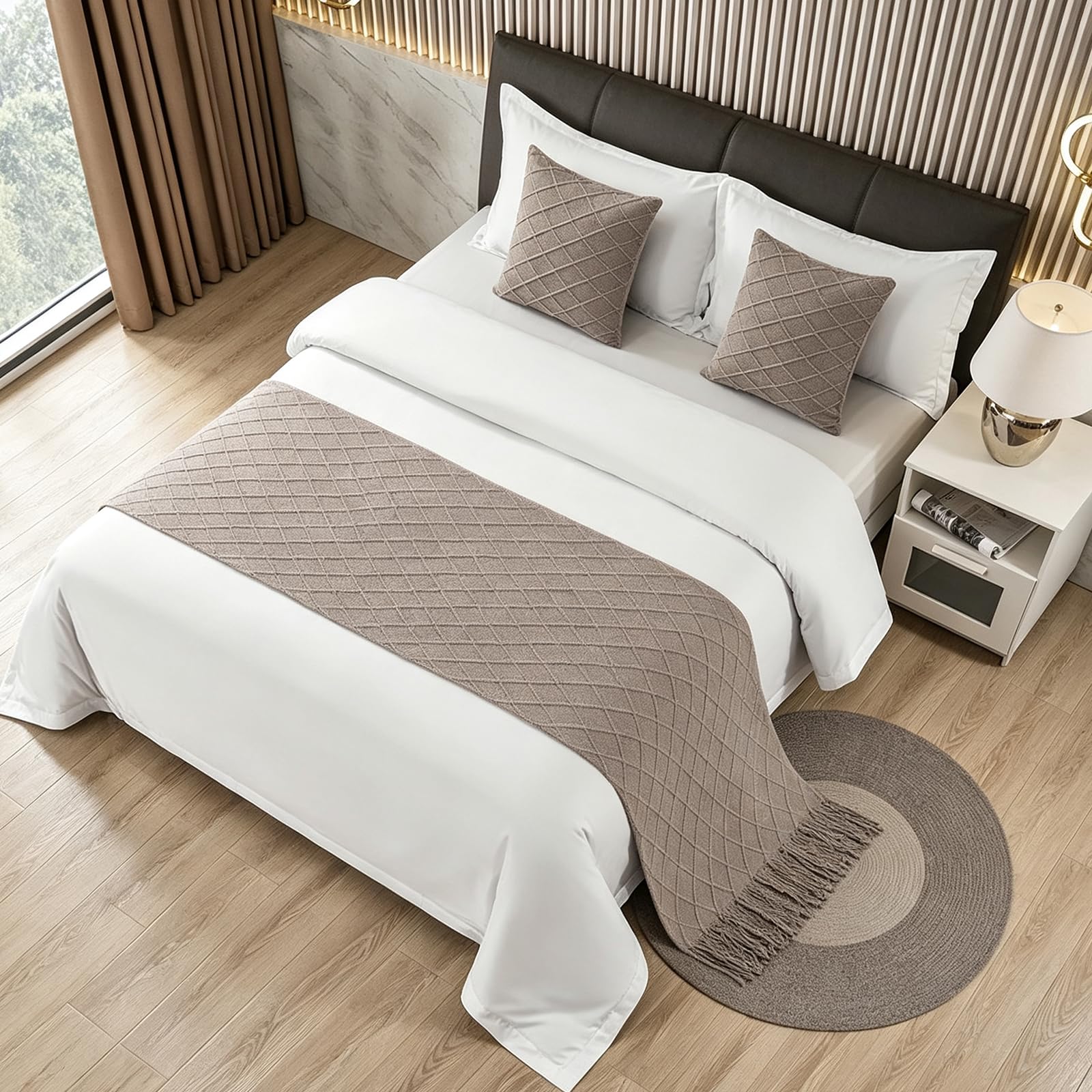 Geometry Bed Runners for King & Queen Size Bed Solid Beige Bed Scarf with Tassel Boho Knit Bed Runner Scarves Decorative for Bedroom Home Hotel (102 x 24 Inches, 1 Piece)