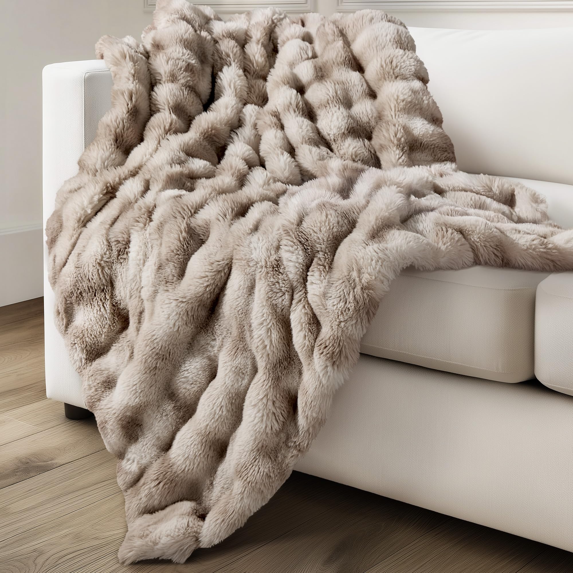 Ultra Soft Cozy Faux Fur Throw Blanket, Fuzzy Plush Thick Bubble Blanket, Luxury Fluffy Blanket for Couch, Sofa, Bedroom, and Living Room, 50x60 Inches, Cream White