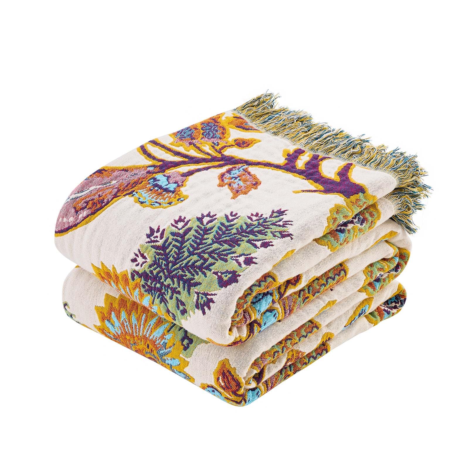 XIBLC Boho Throw Blanket, 100% Cotton Ultra Soft Luxury Throw Rustic Quilt, 50"x60" Floral Bird Butterfly Farmhouse Decor Bed Blankets, All Season Rustic Reversible Bohemian Throw for Bed - Yellow