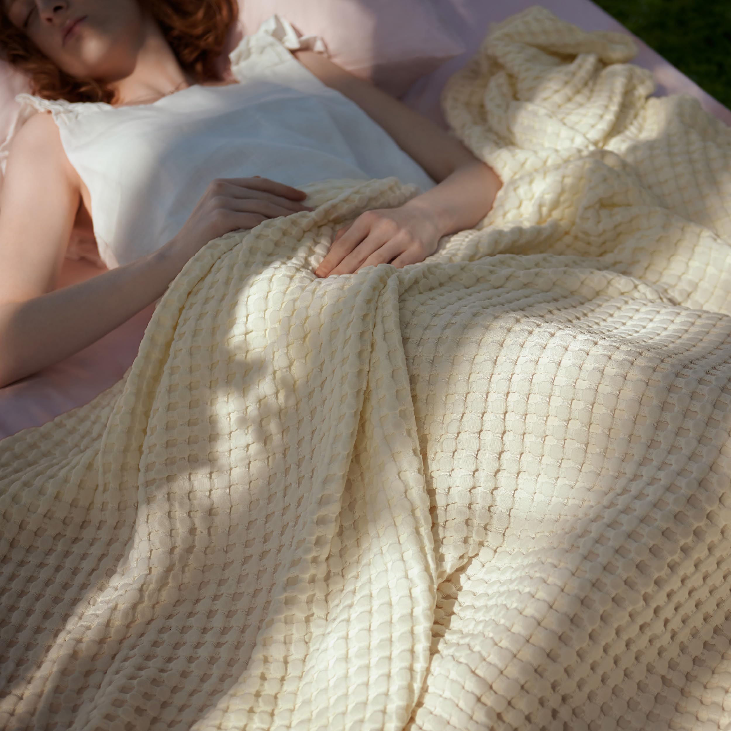 Bedsure Cooling Waffle Queen Size Blanket - Lightweight Cotton Summer Blanket of Rayon Derived from Bamboo for Hot Sleepers, Luxury Throws for Bed, Couch and Sofa, Ivory, 90x90 Inches