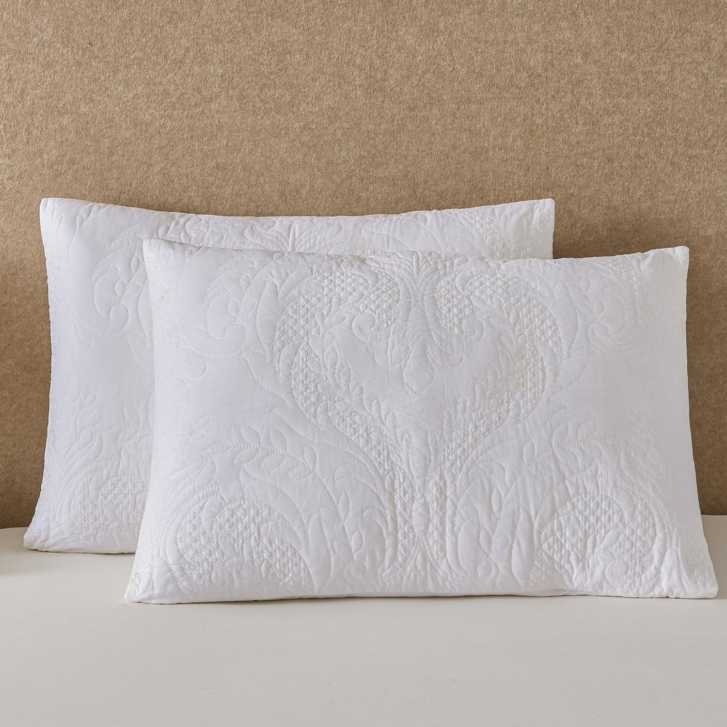 Quilted Pillow Sham Ivory Damask Standard Set of 2 Embroidered Floral Pillowcases Embossed Textured Cotton Vintage Pattern Cream 20×26