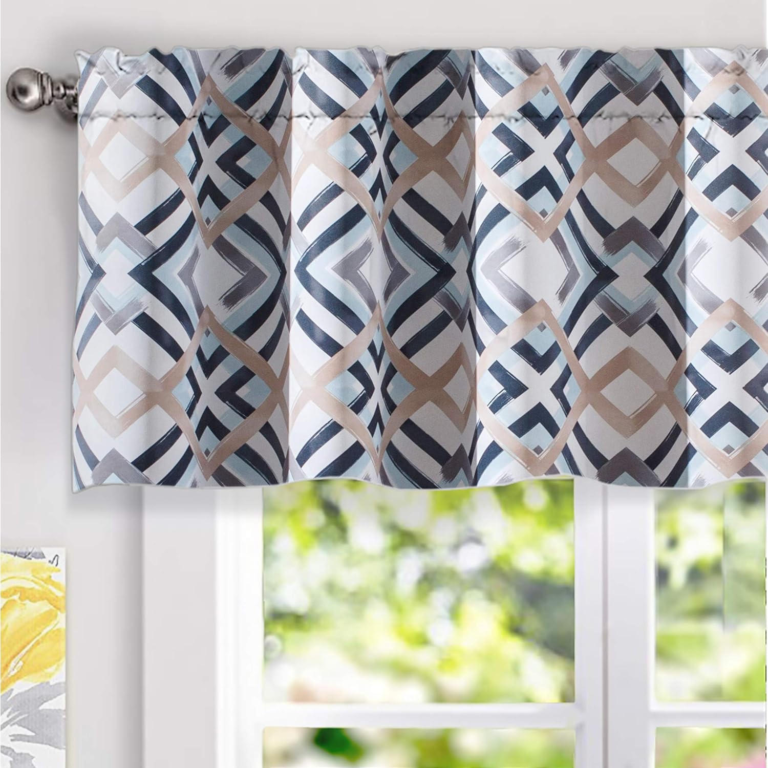 DriftAway Diamond Trellis Watercolor Geometric Checker Plaid Pattern Blackout Thermal Insulated Energy Saving Window Curtain Valance Rod Pocket Single 52 Inch by 18 Inch Plus 2 Inch Header Navy