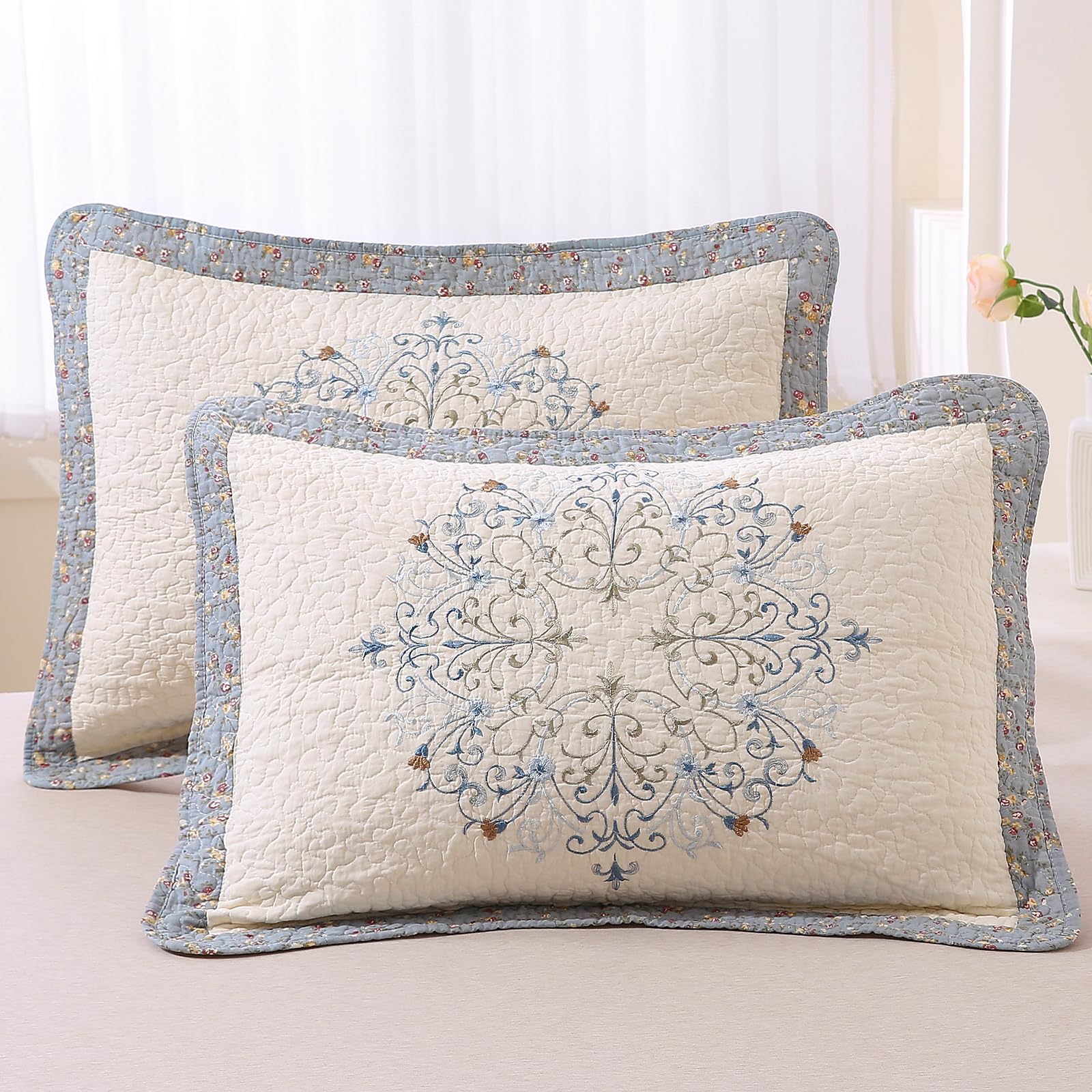 vctops 2-Piece Elegant Floral Embroidered Pillow Shams Queen Size 100% Cotton Quilted Decorative Pillow Shams Set (Cream,20"x28")