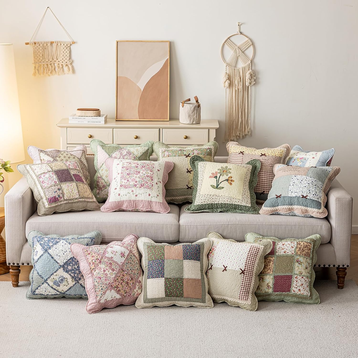 vctops Set of 2 Quilted 100% Cotton Boho Throw Pillow Covers 18" x 18" Farmhouse Country Floral Patchwork Decorative Cushion Cover, Patchwork Flower M