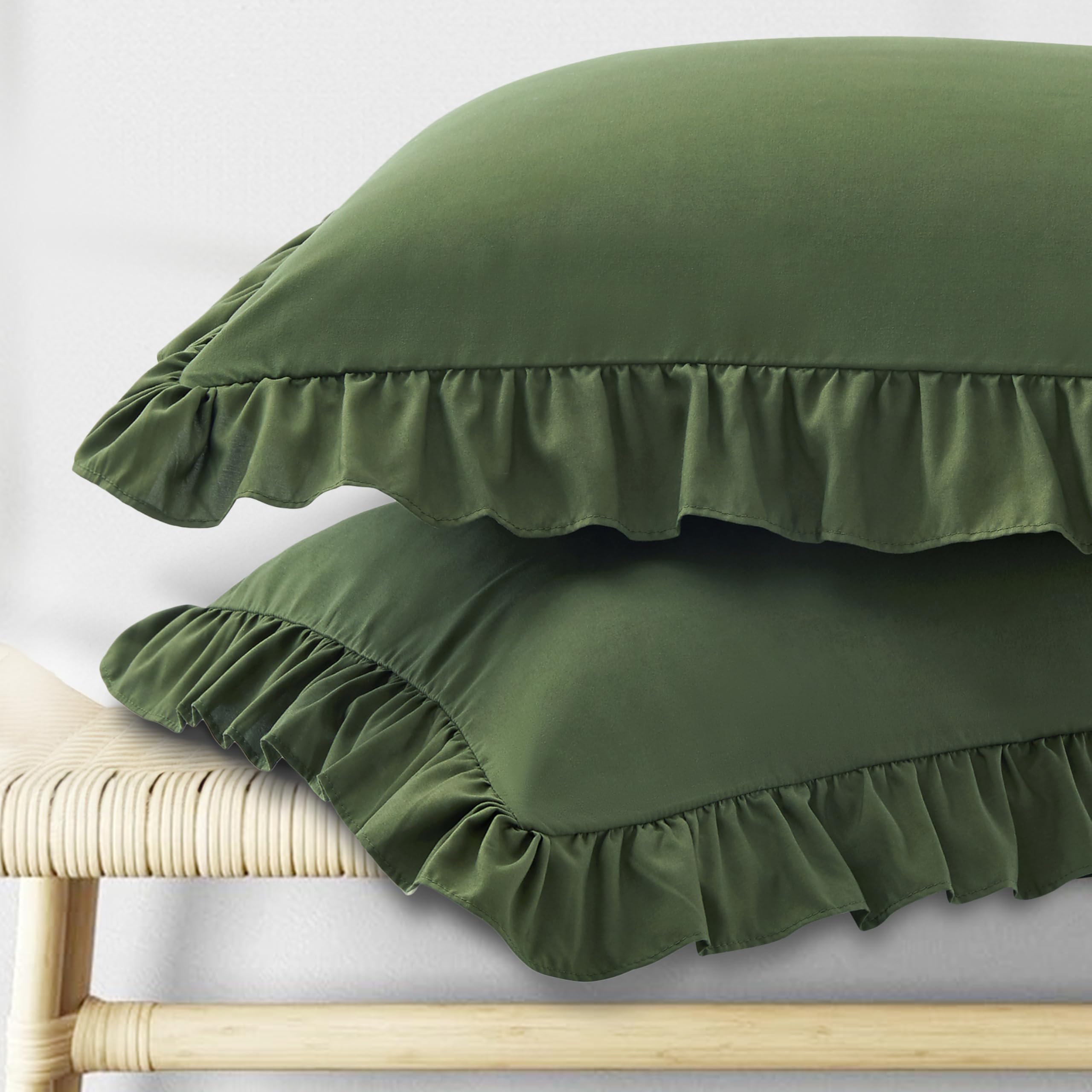 KKJIAF Ruffle Pillow Cases Standard Size Set of 2, Ruffled Pillow Covers with Envelope Closure, Wrinkle Resistant Pillowcases 20" x 26", Ruffled Pillow Shams, Olive Green