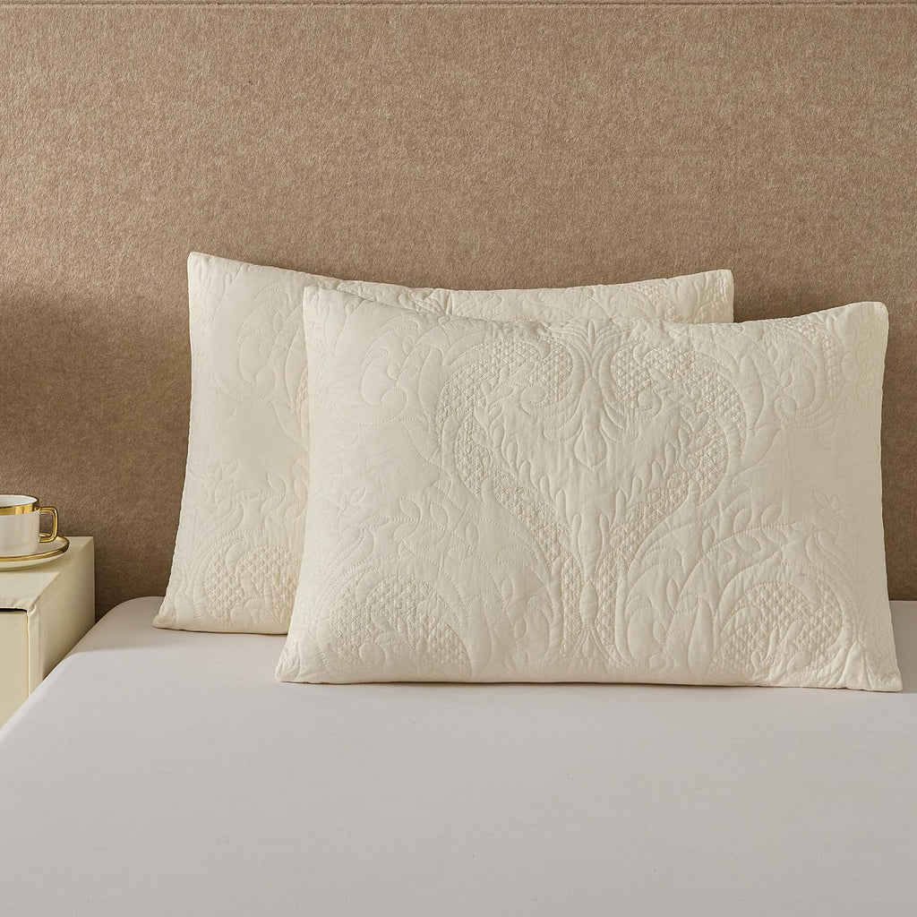 Quilted Pillow Sham Ivory Damask Standard Set of 2 Embroidered Floral Pillowcases Embossed Textured Cotton Vintage Pattern Cream 20×26