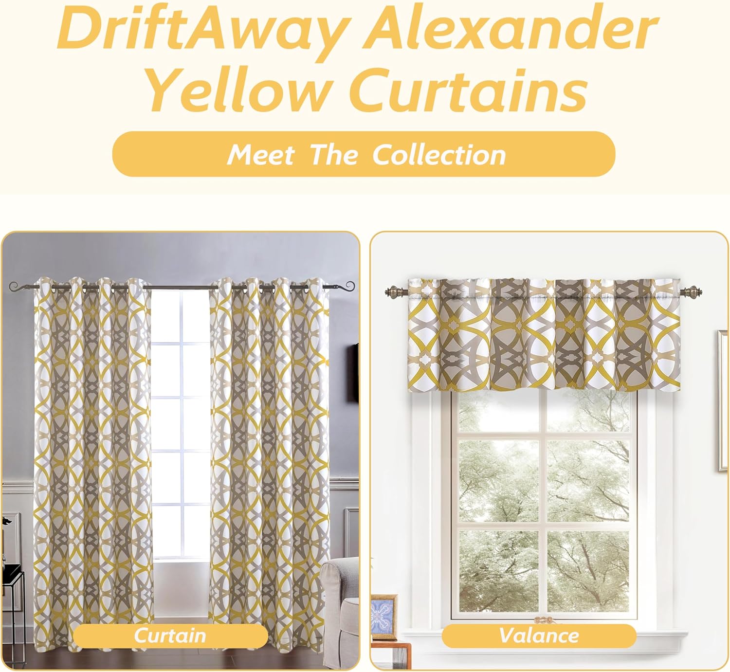 DriftAway Alexander Blackout Valances for Windows Thermal Insulated Kitchen Topper Geometric Moroccan Mid Century Pattern Match Thick Bathroom Curtain Valance Rod Pocket 52 Inch by 18 Inch Yellow/Gray
