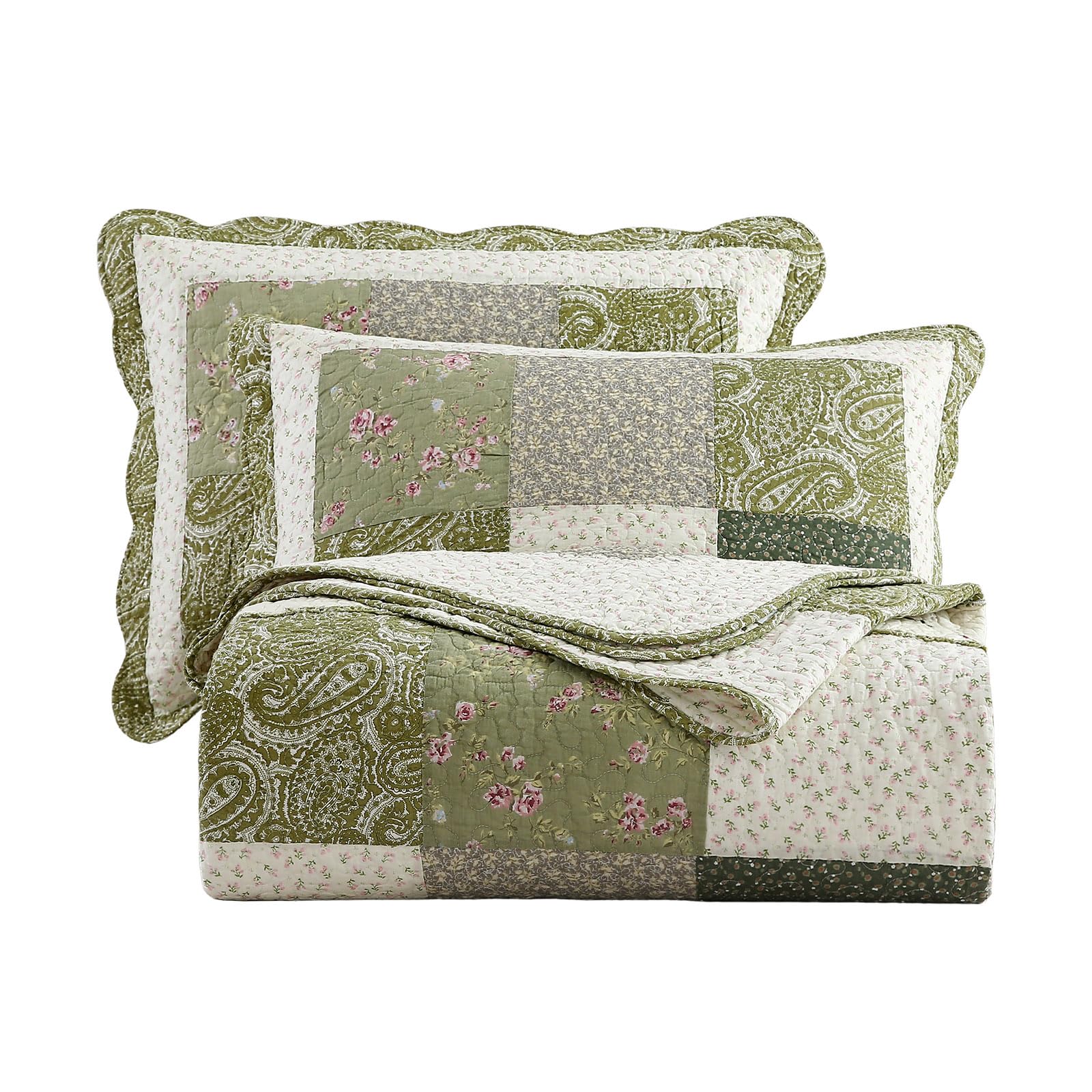 vctops Farmhouse Green 3 Piece Embroidered Floral Quilted Bedspread Quilt Set 100% Cotton Reversible Patchwork Coverlet Set 1 Quilt and 2 Pillow Shams (Green,Queen)