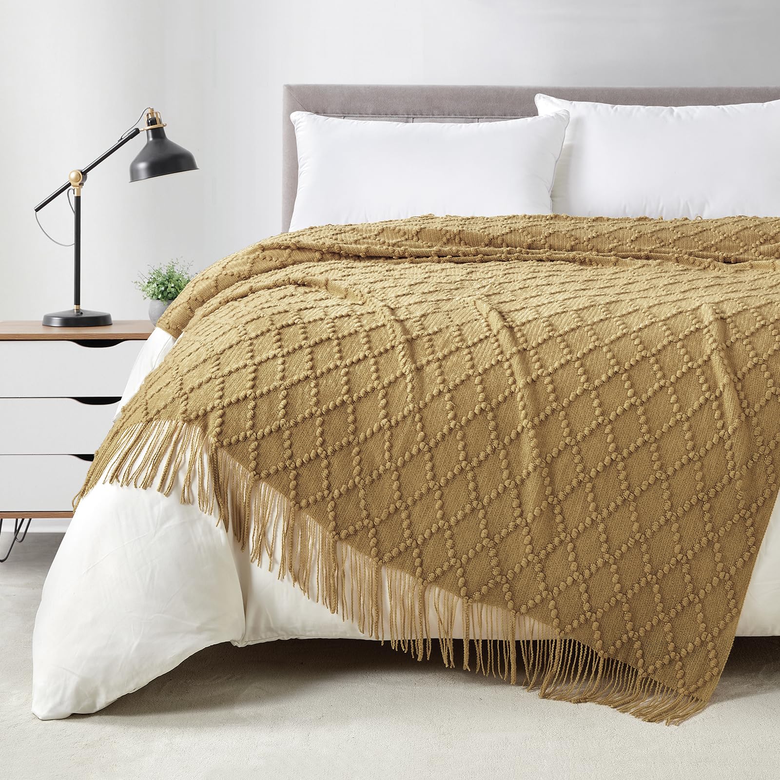 BOURINA Beige Throw Blanket 50x60 Inches Throw Textured Solid Soft Sofa Couch Decorative Knit Blanket