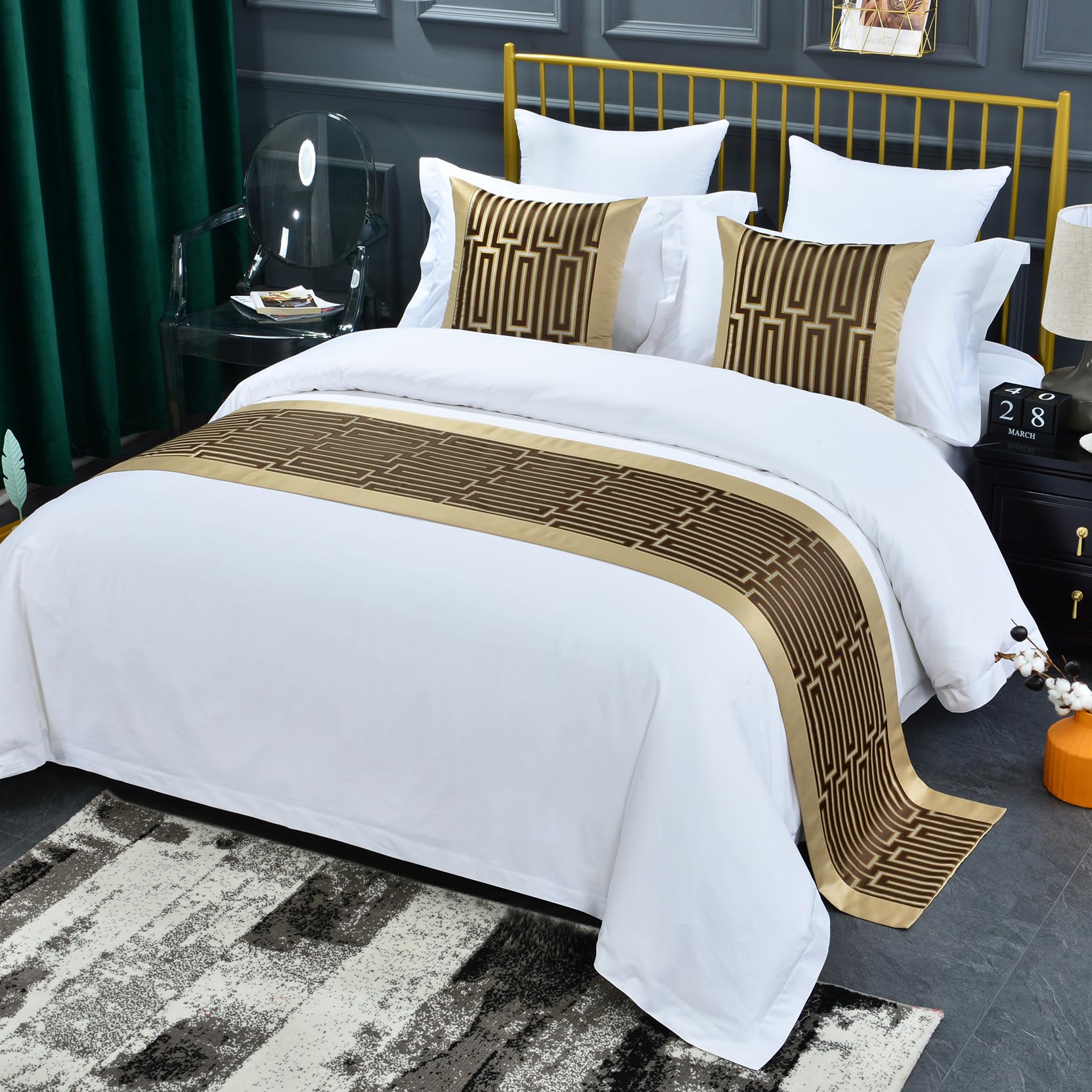 Chinese Style Bed Runner Scarf, Color Woven Jacquard Bedspreads Luxury Bedding Cover Decor for Hotel Wedding Room, Khaki Gold, 50 * 240cm for 1.8m Bed