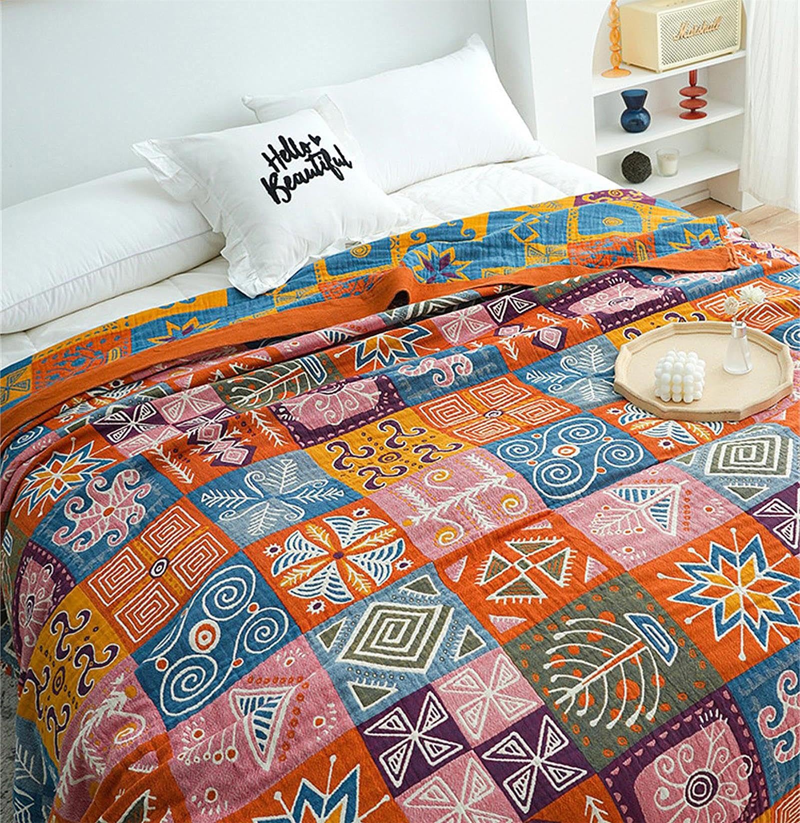 MSGKV Boho Throw Blanket 60''x80'',100% Cotton Blanket for Couch Bed, Summer Breathable Quilt Farmhouse Home Decor Soft Lightweight Picnic Blankets