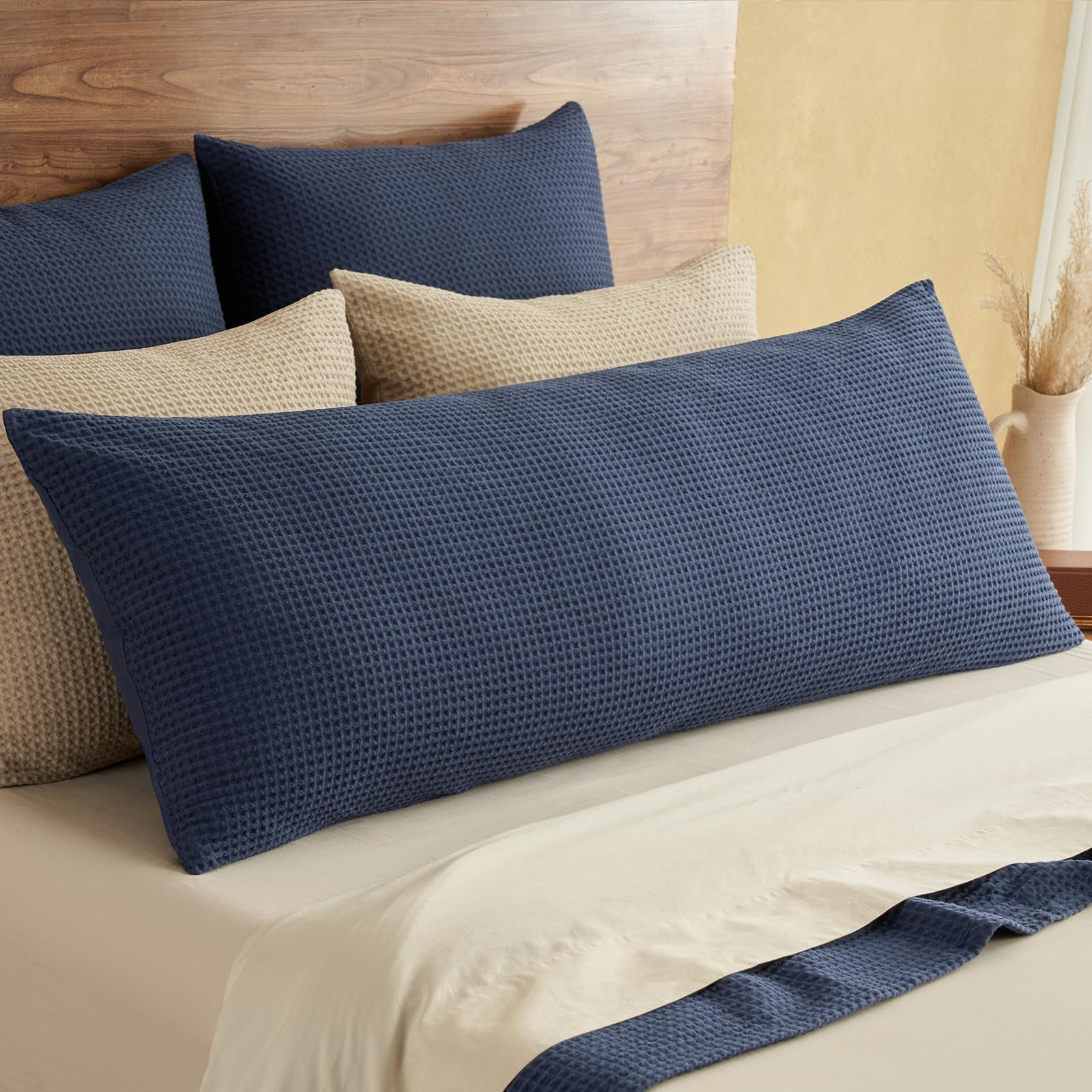 PHF 100% Cotton Waffle Pillow Shams Standard Size, 2 Pack 20" x 26" Soft Skin-Friendly and Breathable Pillowcases, No Filling, Aesthetic Woven Waffle Weave Pillow Covers for Bed, Dark Navy