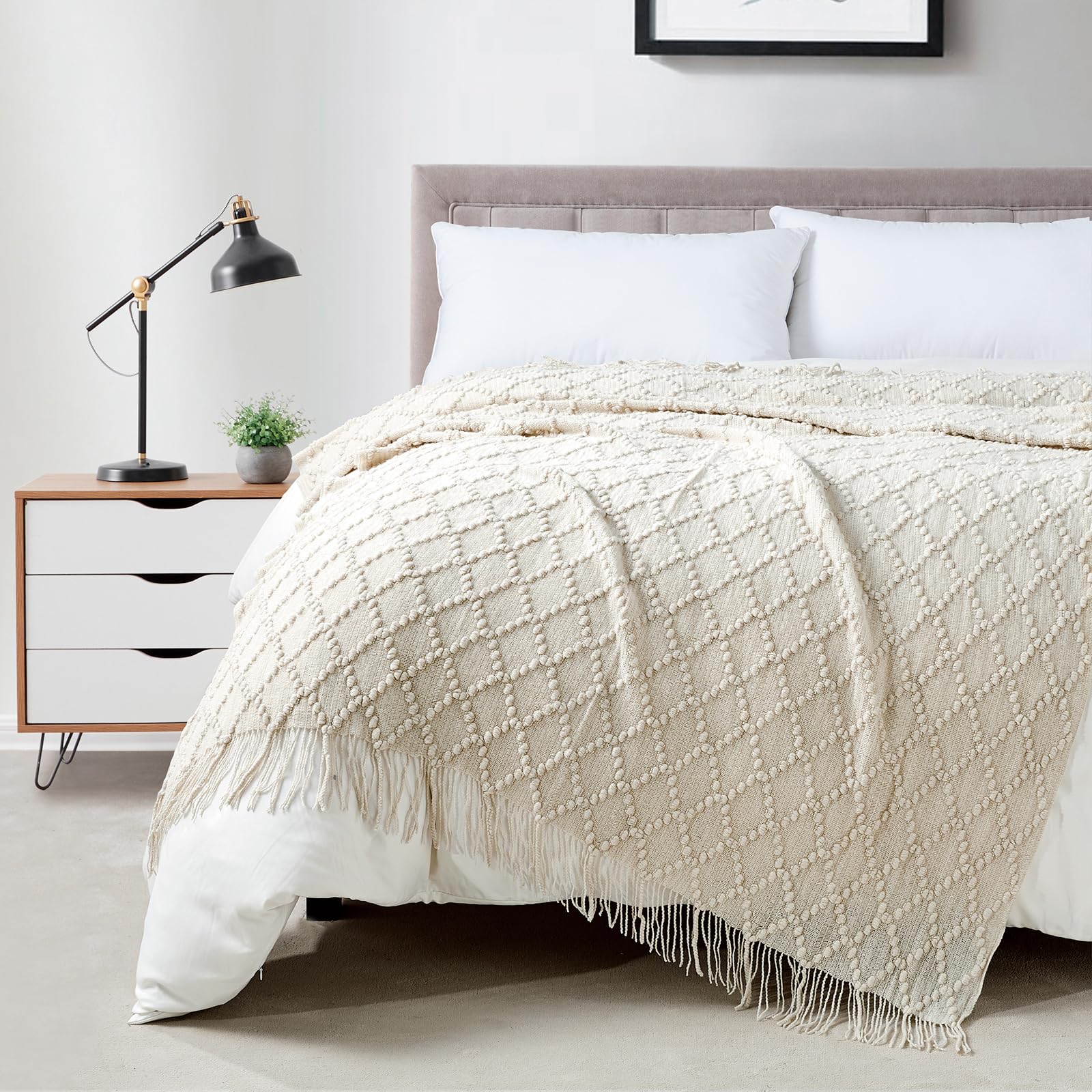 BOURINA Beige Throw Blanket 50x60 Inches Throw Textured Solid Soft Sofa Couch Decorative Knit Blanket