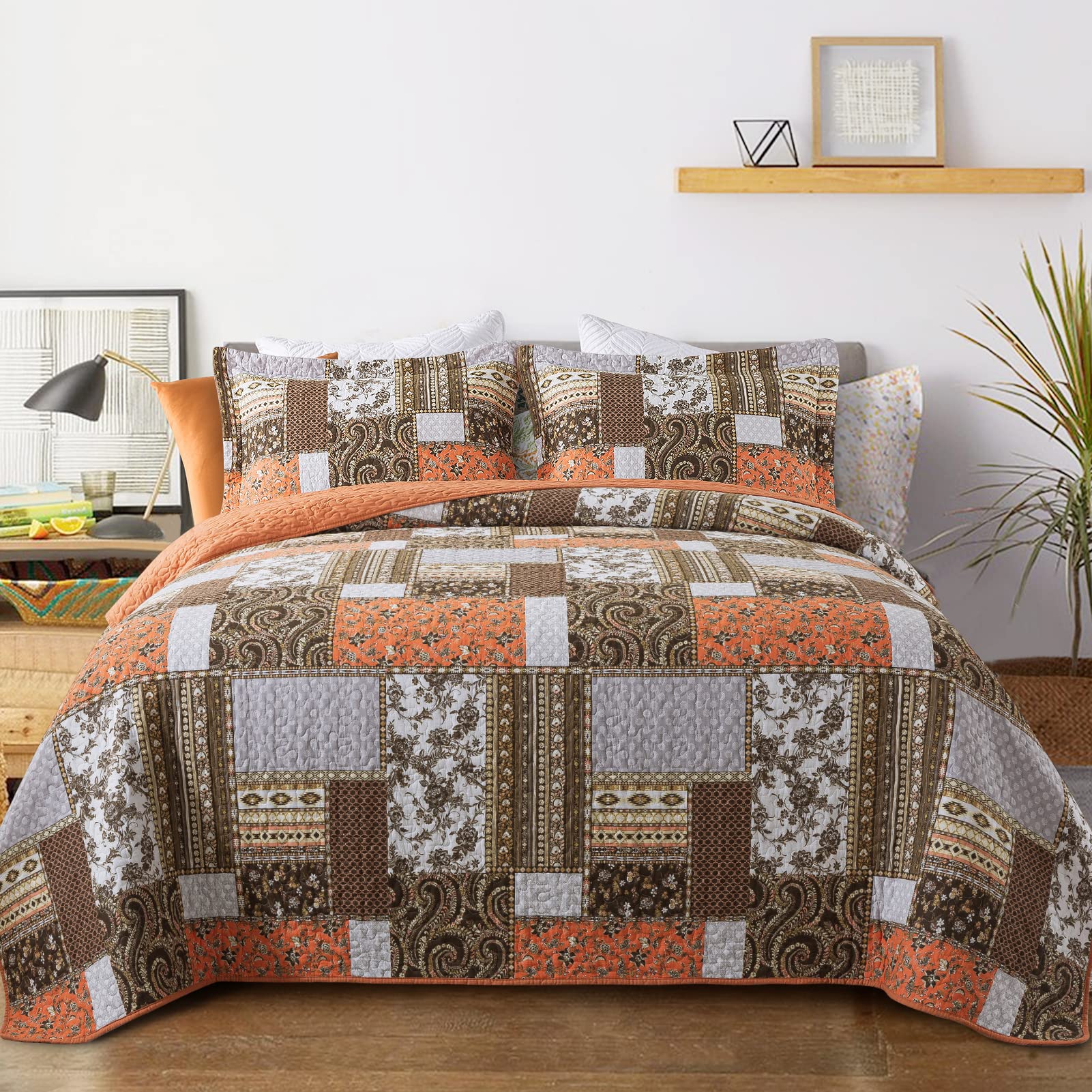 VAPUTAR Quilt King Bedding Set - Soft Cotton Quilts with Paisley Floral Pattern - Lightweight Reversible Bedspreads for Farmhouse (3 Pieces, Bright Teal)