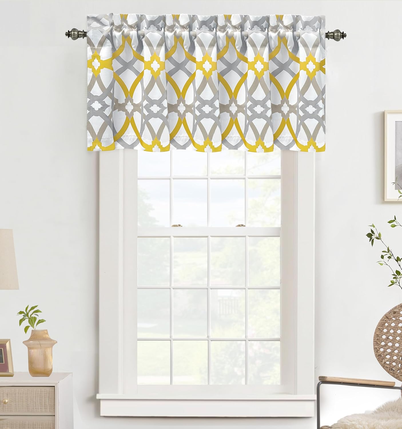 DriftAway Alexander Blackout Valances for Windows Thermal Insulated Kitchen Topper Geometric Moroccan Mid Century Pattern Match Thick Bathroom Curtain Valance Rod Pocket 52 Inch by 18 Inch Yellow/Gray