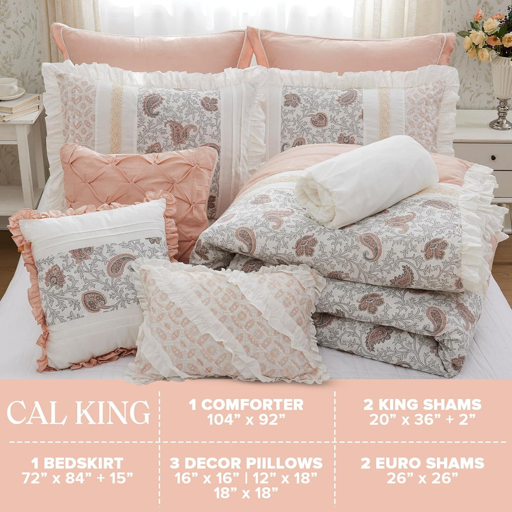 Madison Park Dawn 100% Cotton Shabby Chic Comforter Set-Modern Cottage Design All Season Down Alternative Bedding, Matching Shams, Bedskirt, Decorative Pillows, Cal King(104"x92"), Blush 9 Piece