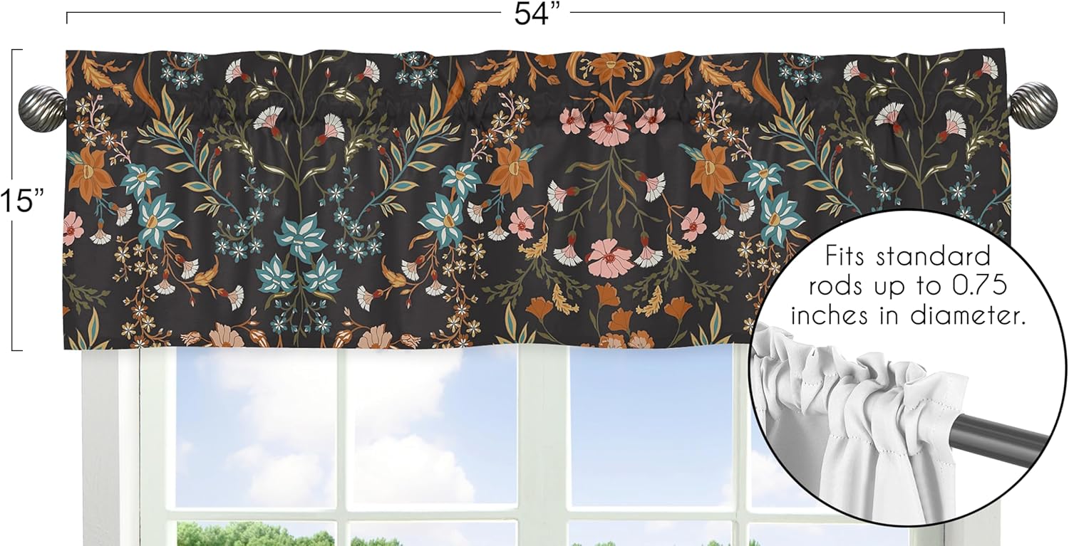 Sweet Jojo Designs Boho Wildflower Vintage Floral Girl Window Valance Curtain Treatment Baby Nursery Kids Room Kitchen Bathroom Bedroom Black Orange Teal Bohemian Farmhouse Daisy Botanical Cottagecore