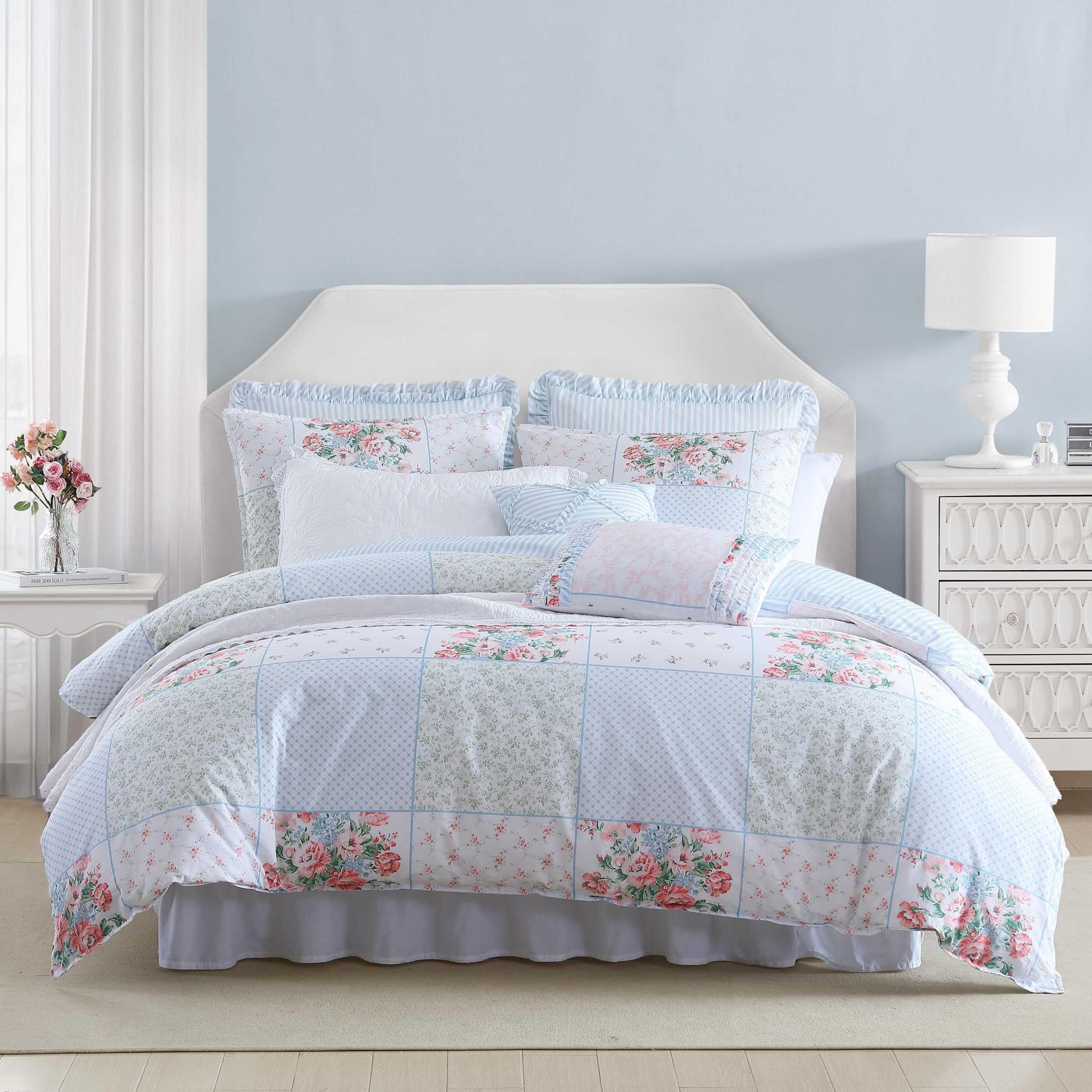 Laura Ashley- King Comforter Set, Cotton Reversible Bedding Set, Includes Matching Shams with Bonus Euro Shams & Throw Pillow Covers (Branch Toile Blue, King)