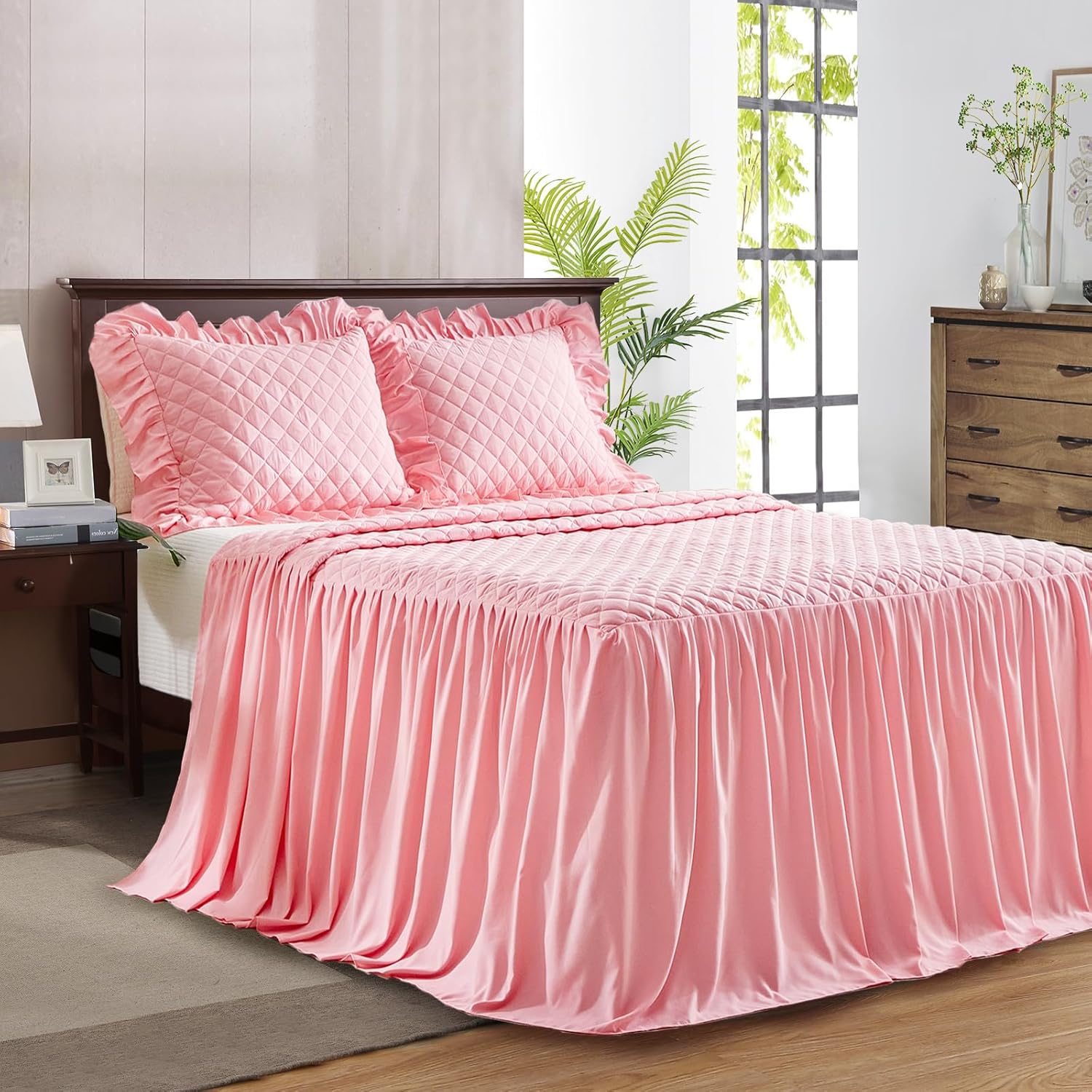 Ruffle Skirt Bedspread Set - 30" Long Drop - Vintage Chic Ruffled Summer Coverlet Bed Spreads Quilt Boho Bedding Farmhouse Style Lightweight Luxurious Rustic 2 Piece Set Twin Size Black