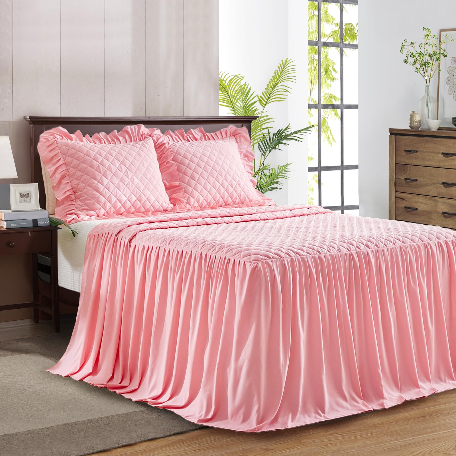 Ruffle Skirt Bedspread Set - 30" Long Drop - Vintage Chic Ruffled Summer Coverlet Bed Spreads Quilt Boho Bedding Farmhouse Style Lightweight Luxurious Rustic 2 Piece Set Twin Size Black