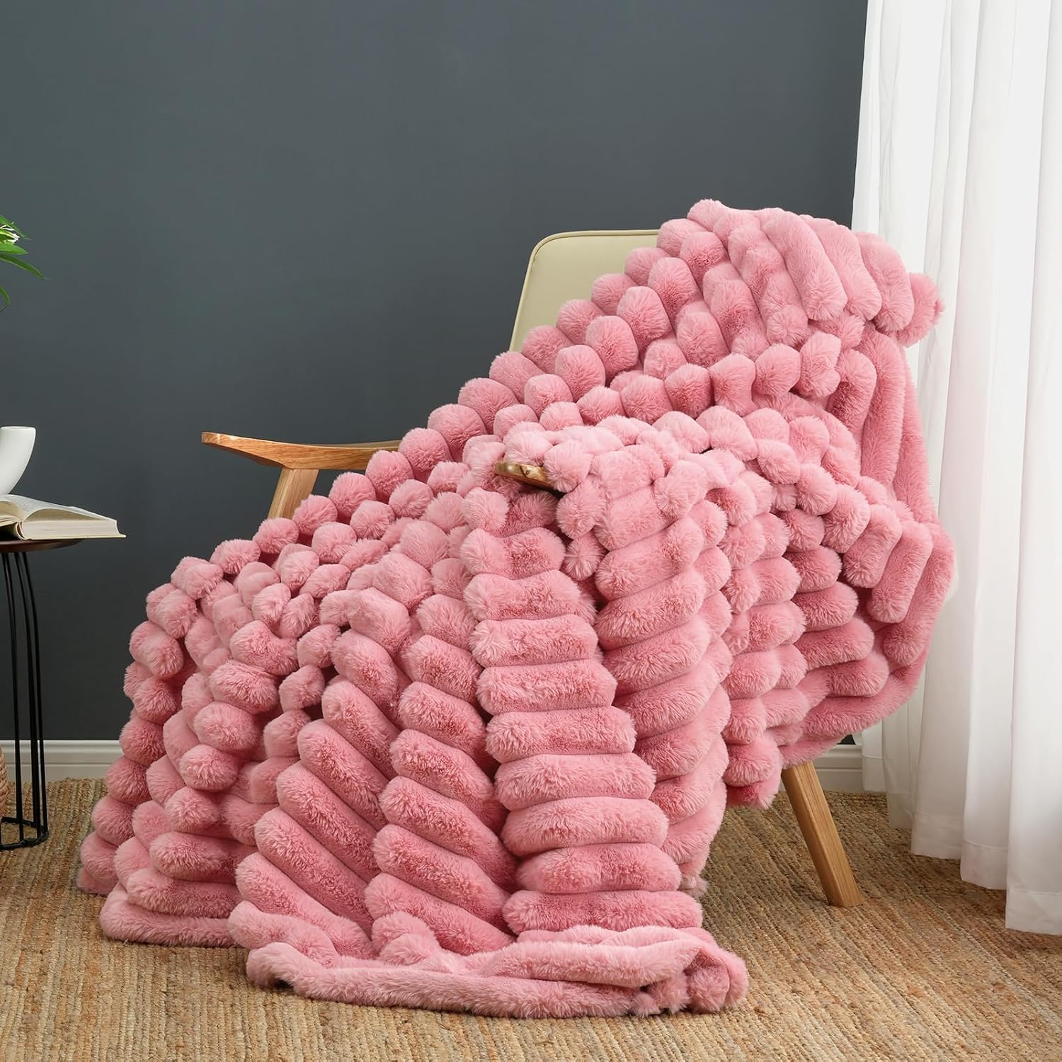 Cozy Bliss Faux Fur Throw Blanket for Couch, Cozy Warm Plush Striped Blanket for Sofa Bedroom Living Room, 50 * 60 Inches Hot Pink