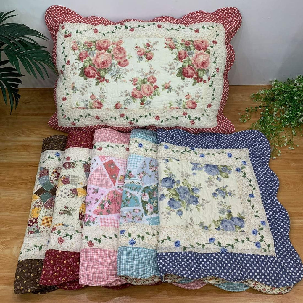 vctops 2-Piece Boho Cotton Quilted Bed Pillow Shams Floral Printed Patchwork Pillow Shams Set, Standard Size (510 Blue, 20"x28")