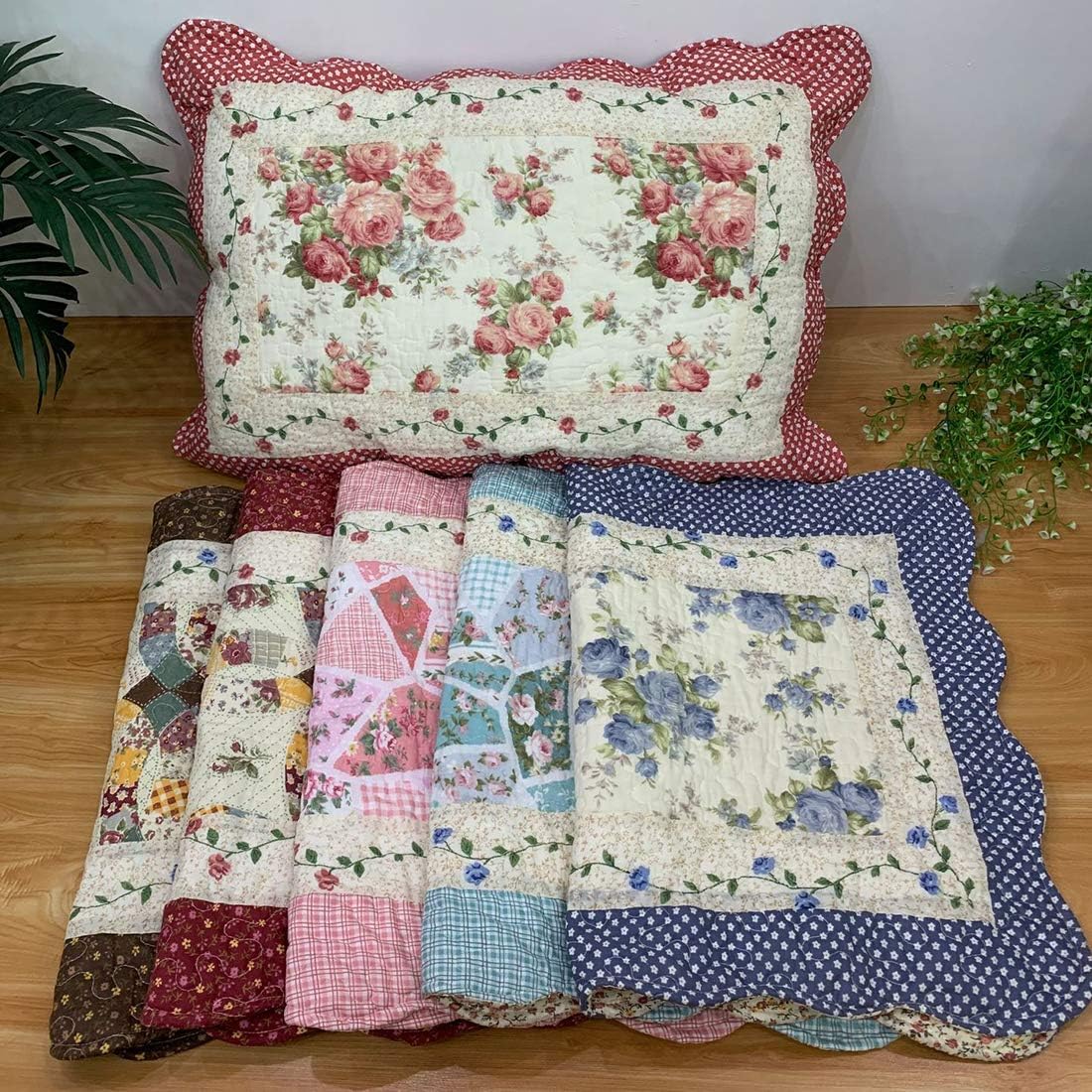 vctops 2-Piece Boho Cotton Quilted Bed Pillow Shams Floral Printed Patchwork Pillow Shams Set, Standard Size (510 Blue, 20"x28")