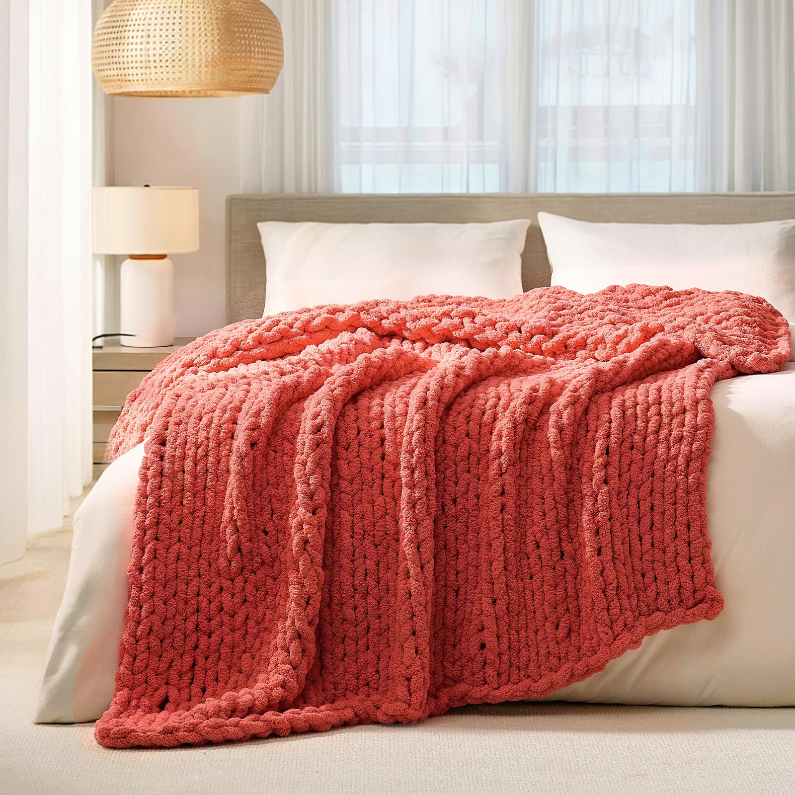 L'AGRATY Chunky Knit Blanket Throw,Soft Chenille Yarn Throw Blanket 50x60，Handmade Cable Knit Crochet Blanket,Large Knit Blankets Chunky Yarn,Rope Knot Throw Blanket for Couch Sofa Bed Home Decor