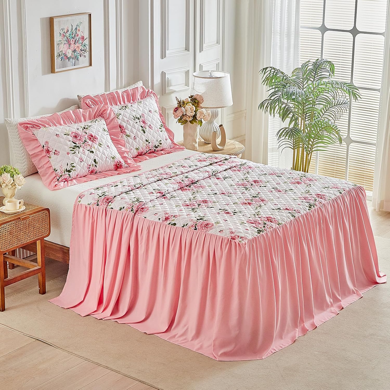 Ruffle Skirt Bedspread Set - 30" Long Drop - Vintage Chic Ruffled Summer Coverlet Bed Spreads Quilt Boho Bedding Farmhouse Style Lightweight Luxurious Rustic 2 Piece Set Twin Size Black