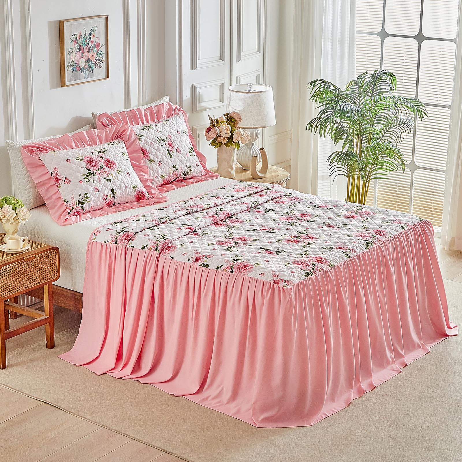 Ruffle Skirt Bedspread Set - 30" Long Drop - Vintage Chic Ruffled Summer Coverlet Bed Spreads Quilt Boho Bedding Farmhouse Style Lightweight Luxurious Rustic 2 Piece Set Twin Size Black