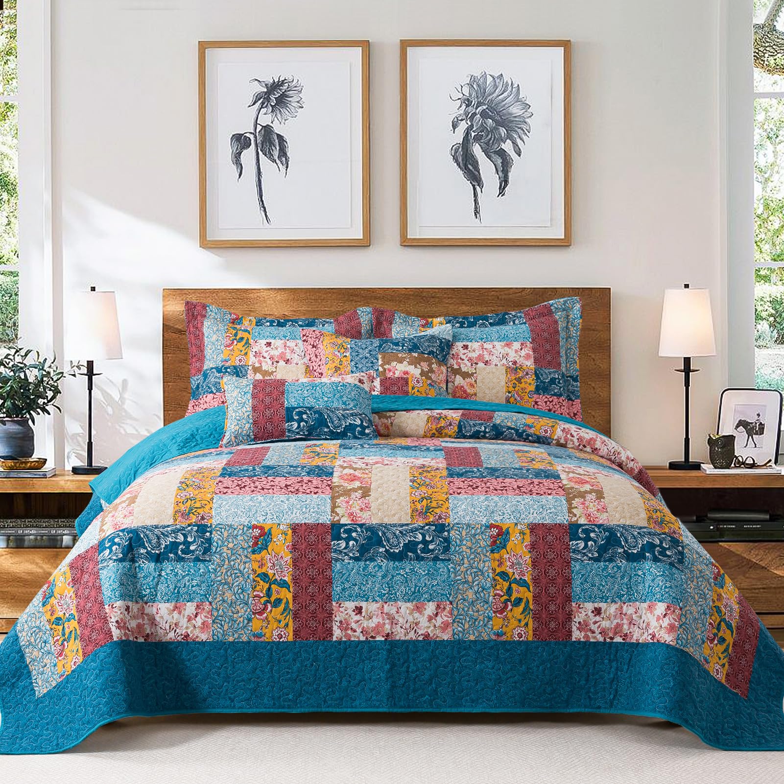 VAPUTAR Quilt King Bedding Set - Soft Cotton Quilts with Paisley Floral Pattern - Lightweight Reversible Bedspreads for Farmhouse (3 Pieces, Bright Teal)