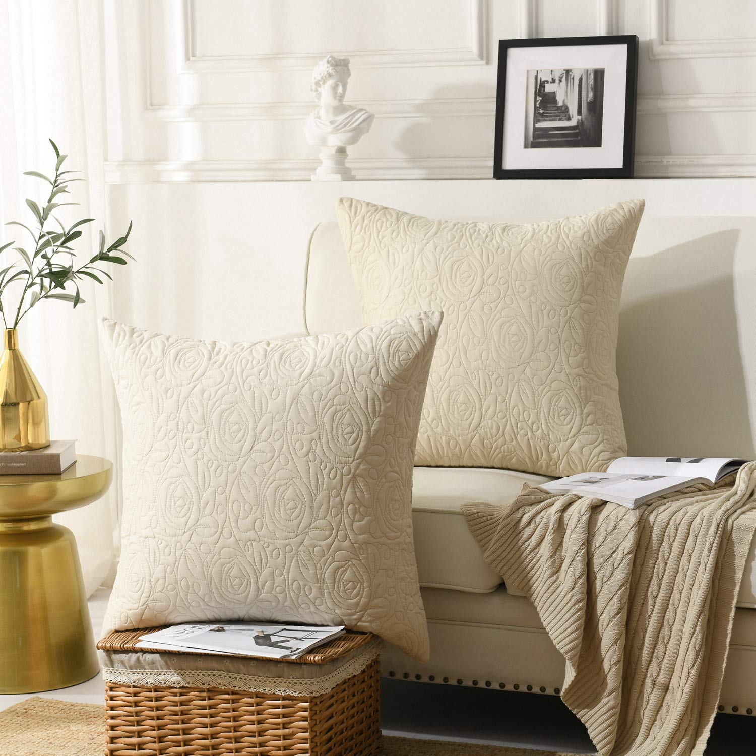MarCielo 2-Piece Embroidered Pillow Shams, Decorative Microfiber Pillow Covers Set, Standard Size, Beige