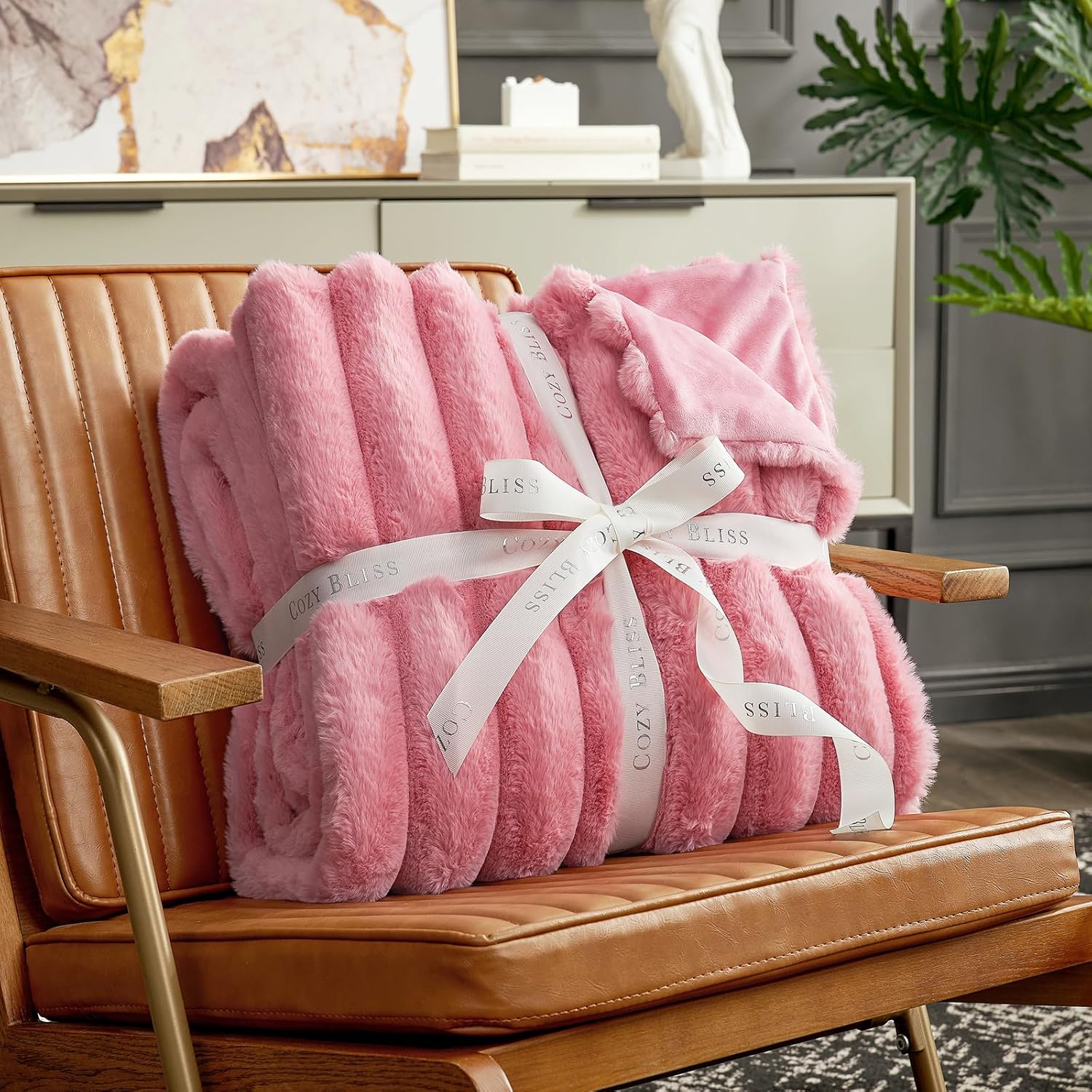 Cozy Bliss Faux Fur Throw Blanket for Couch, Cozy Warm Plush Striped Blanket for Sofa Bedroom Living Room, 50 * 60 Inches Hot Pink