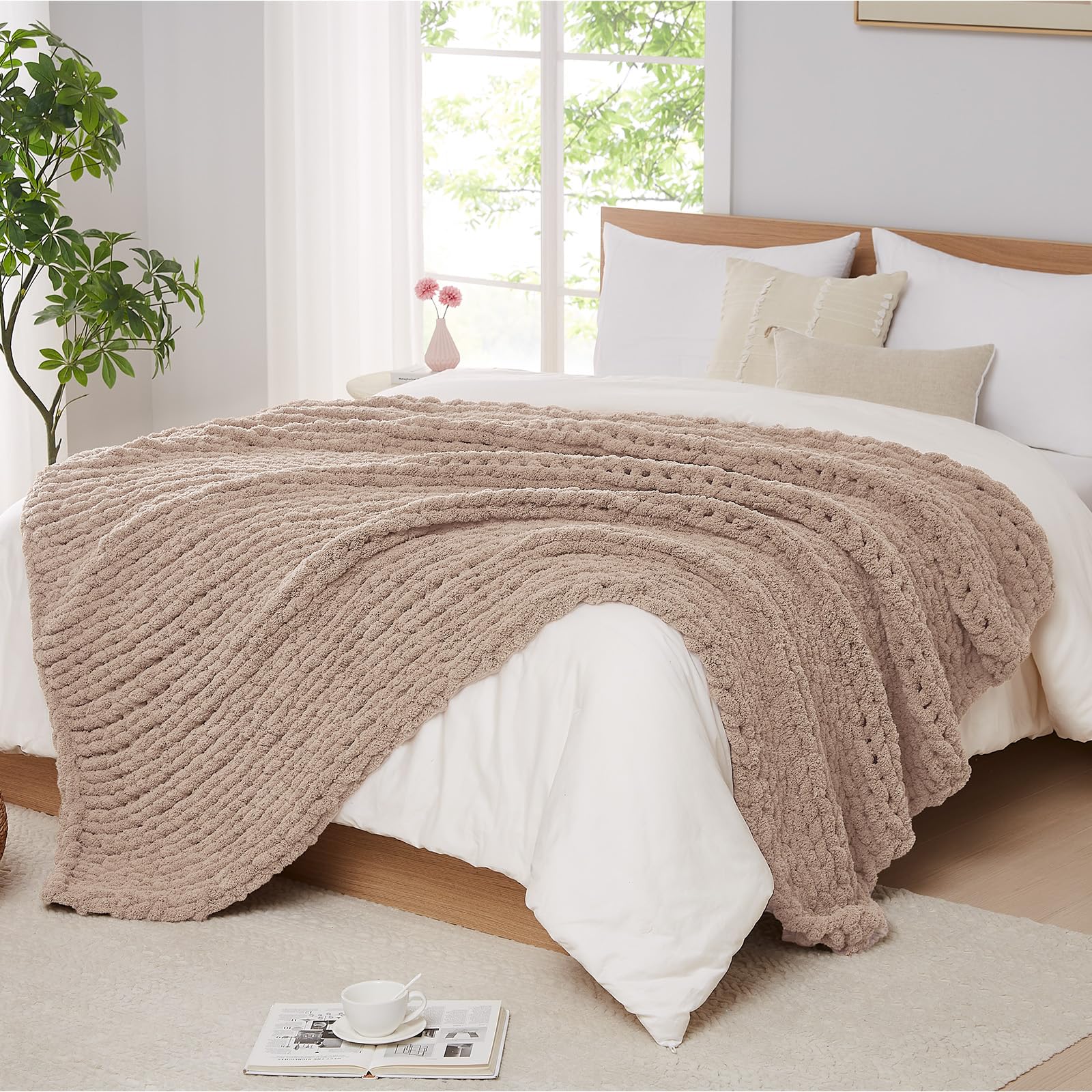 L'AGRATY Chunky Knit Blanket Throw,Soft Chenille Yarn Throw Blanket 50x60，Handmade Cable Knit Crochet Blanket,Large Knit Blankets Chunky Yarn,Rope Knot Throw Blanket for Couch Sofa Bed Home Decor