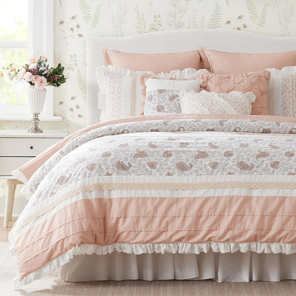 Madison Park Dawn 100% Cotton Shabby Chic Comforter Set-Modern Cottage Design All Season Down Alternative Bedding, Matching Shams, Bedskirt, Decorative Pillows, Cal King(104"x92"), Blush 9 Piece
