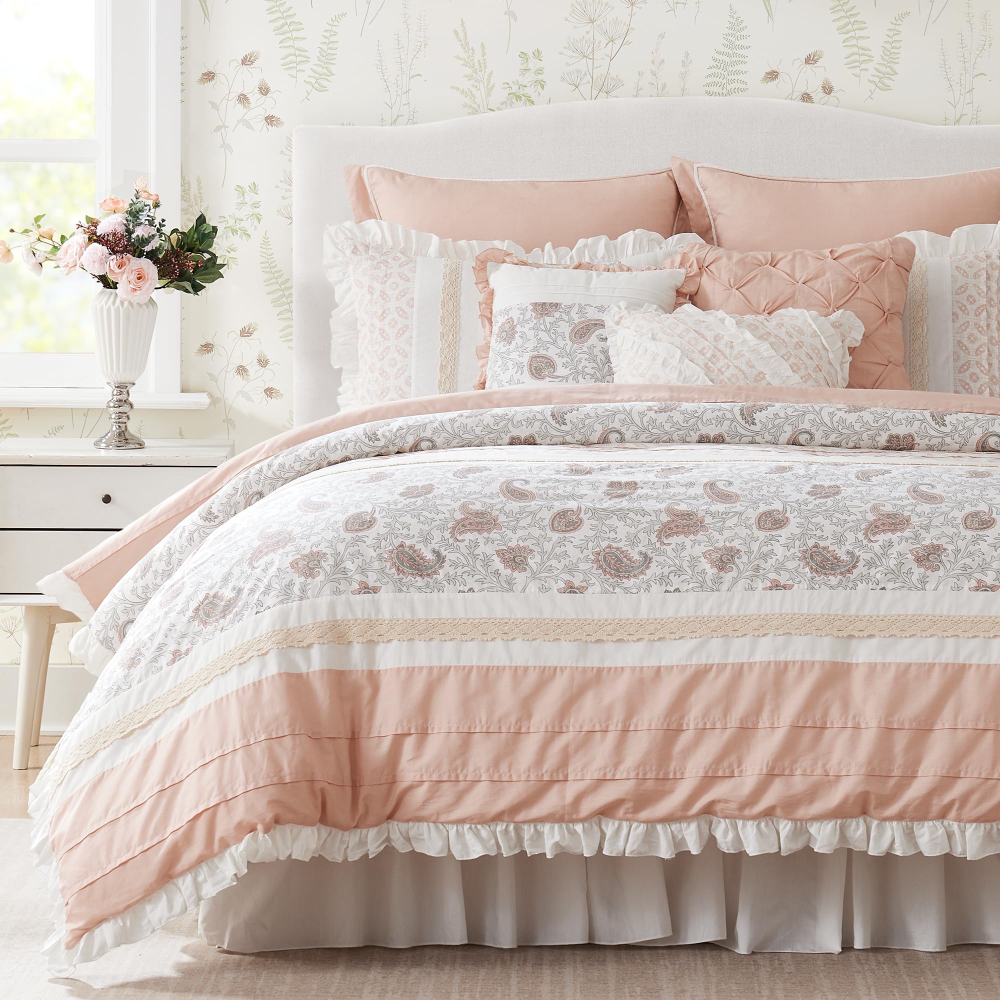 Madison Park Dawn 100% Cotton Shabby Chic Comforter Set-Modern Cottage Design All Season Down Alternative Bedding, Matching Shams, Bedskirt, Decorative Pillows, Cal King(104"x92"), Blush 9 Piece