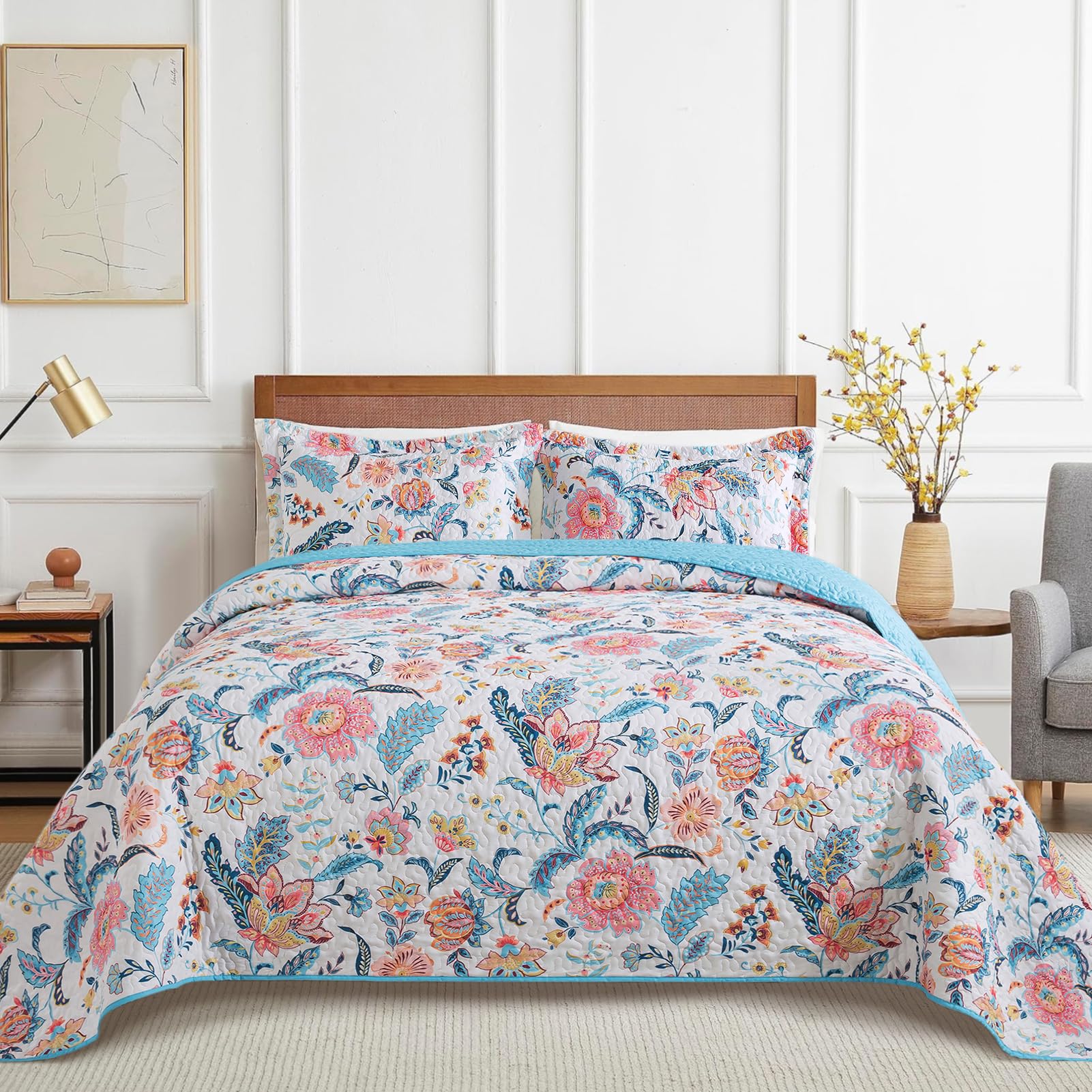 VAPUTAR Quilt King Bedding Set - Soft Cotton Quilts with Paisley Floral Pattern - Lightweight Reversible Bedspreads for Farmhouse (3 Pieces, Bright Teal)