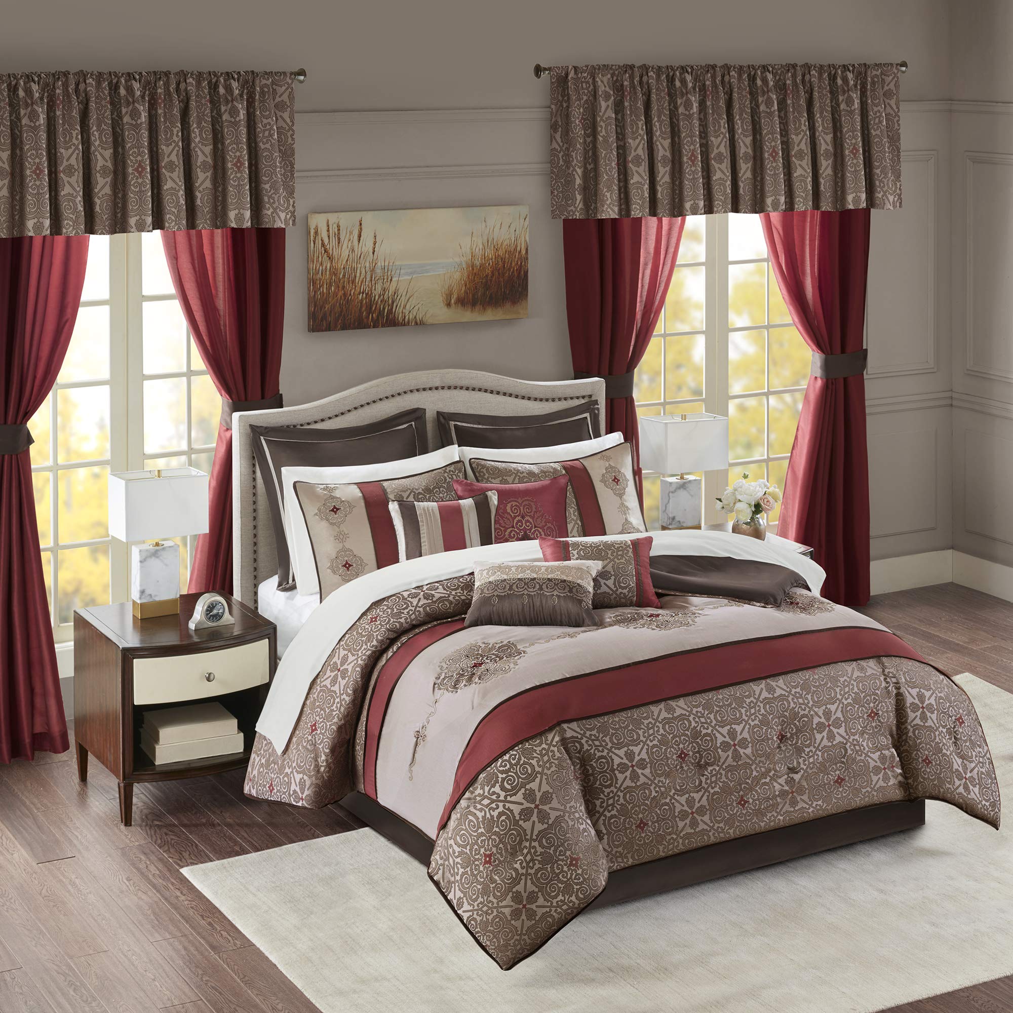 Madison Park Essentials Delaney 24-Piece Room In A Bag Comforter Set-Satin Jacquard All Season Luxury Bedding, Sheets, decorative pillows and Curtains, Valance, King (104 in x 92 in), Medallion Navy