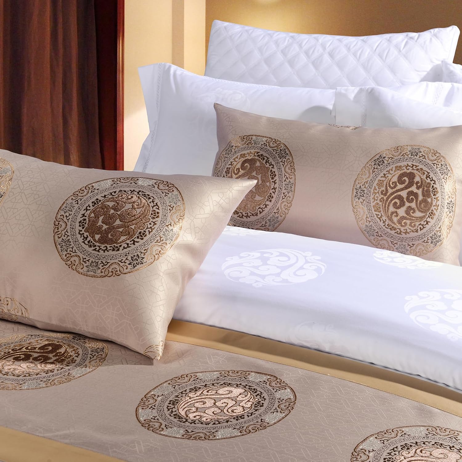 Chinese Style Bed Runner Scarf, Color Woven Jacquard Bedspreads Luxury Bedding Cover Decor for Hotel Wedding Room, Khaki Gold, 50 * 240cm for 1.8m Bed