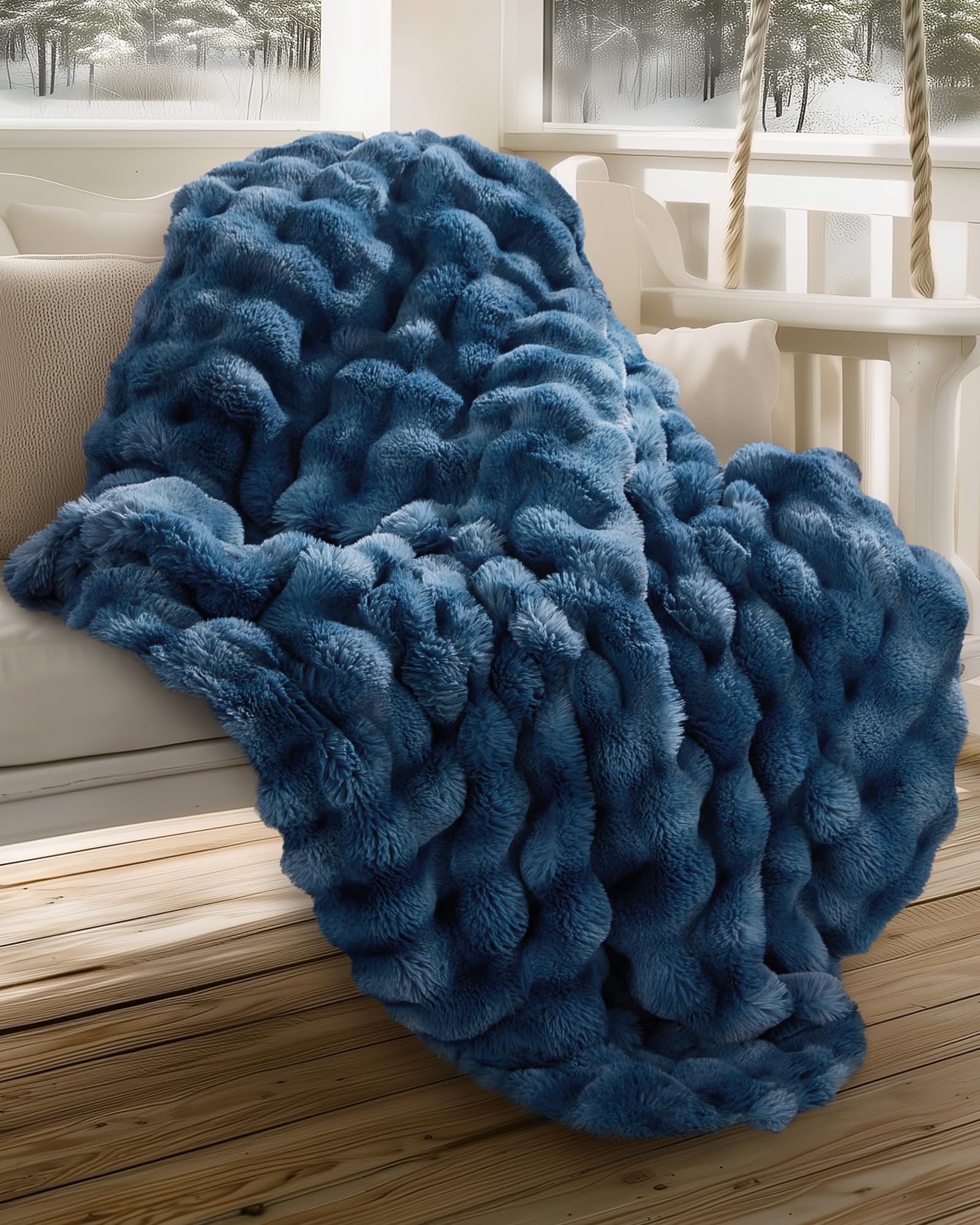 Ultra Soft Cozy Faux Fur Throw Blanket, Fuzzy Plush Thick Bubble Blanket, Luxury Fluffy Blanket for Couch, Sofa, Bedroom, and Living Room, 50x60 Inches, Cream White