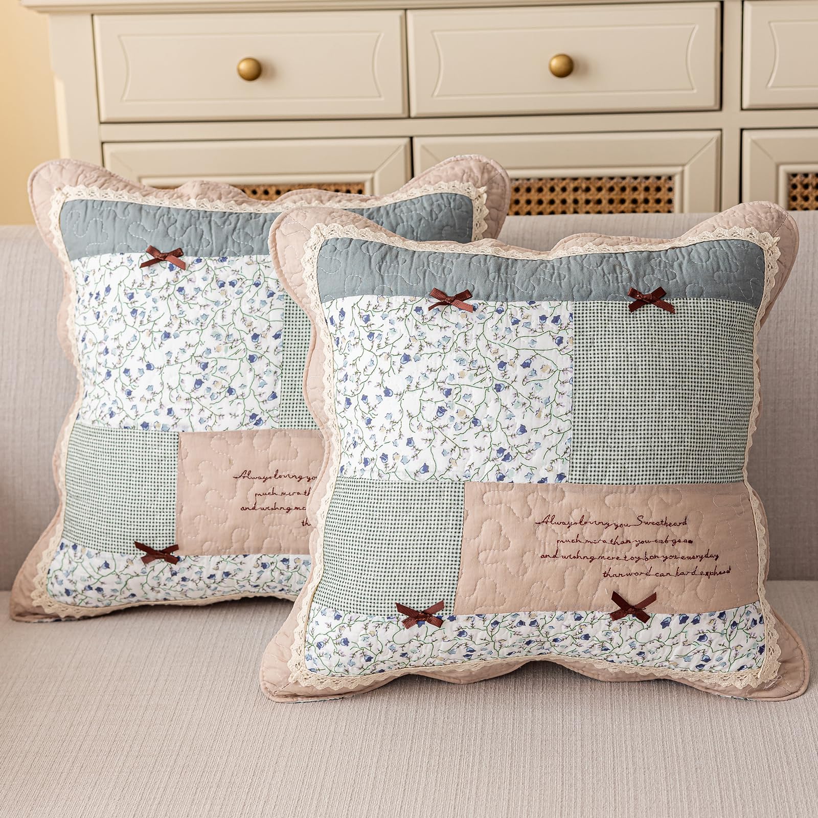 vctops Set of 2 Quilted 100% Cotton Boho Throw Pillow Covers 18" x 18" Farmhouse Country Floral Patchwork Decorative Cushion Cover, Patchwork Flower M