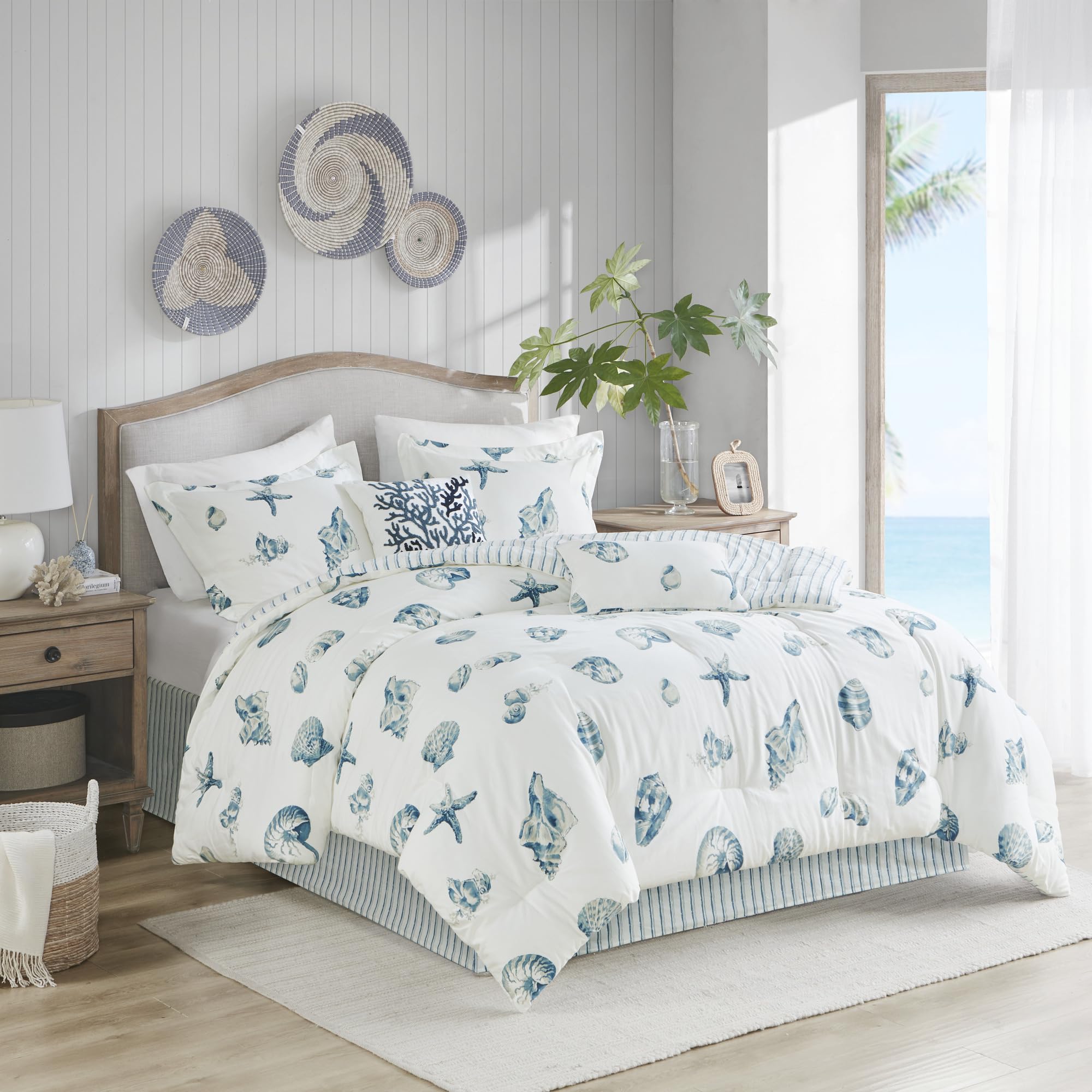 Harbor House Cozy Cotton Comforter Set - Coastal, All Season Down Alternative Casual Bedding with Matching Shams, Decorative Pillows, Lorelai, Monstera Leaf Green Queen(92"x96") 6 Piece