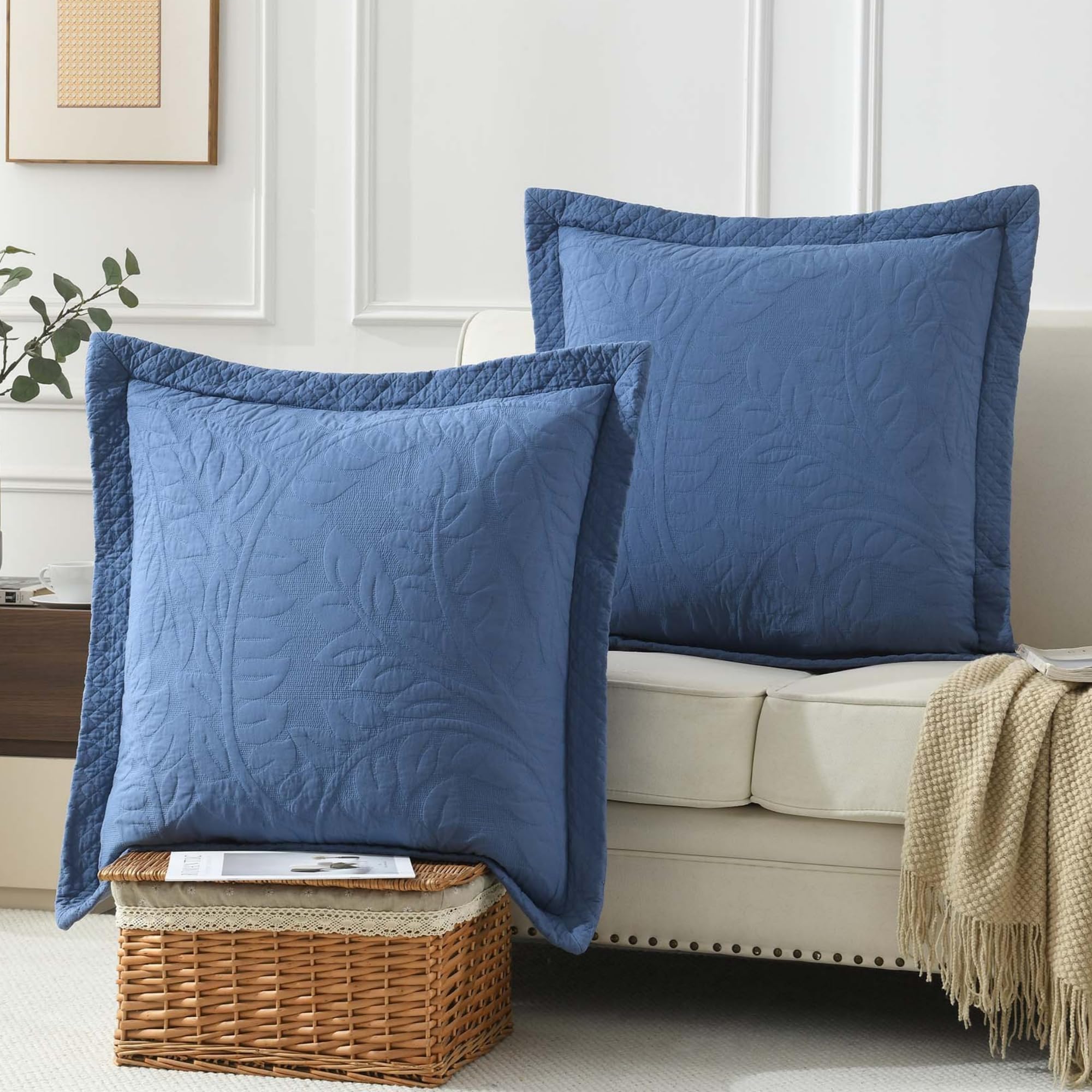MarCielo 100% Cotton Embroidered Quilted Pillow Shams -Standard - Navy