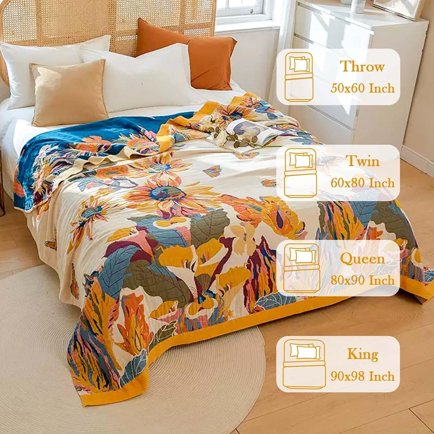 XIBLC Boho Throw Blanket, 100% Cotton Ultra Soft Luxury Throw Rustic Quilt, 50"x60" Floral Bird Butterfly Farmhouse Decor Bed Blankets, All Season Rustic Reversible Bohemian Throw for Bed - Yellow