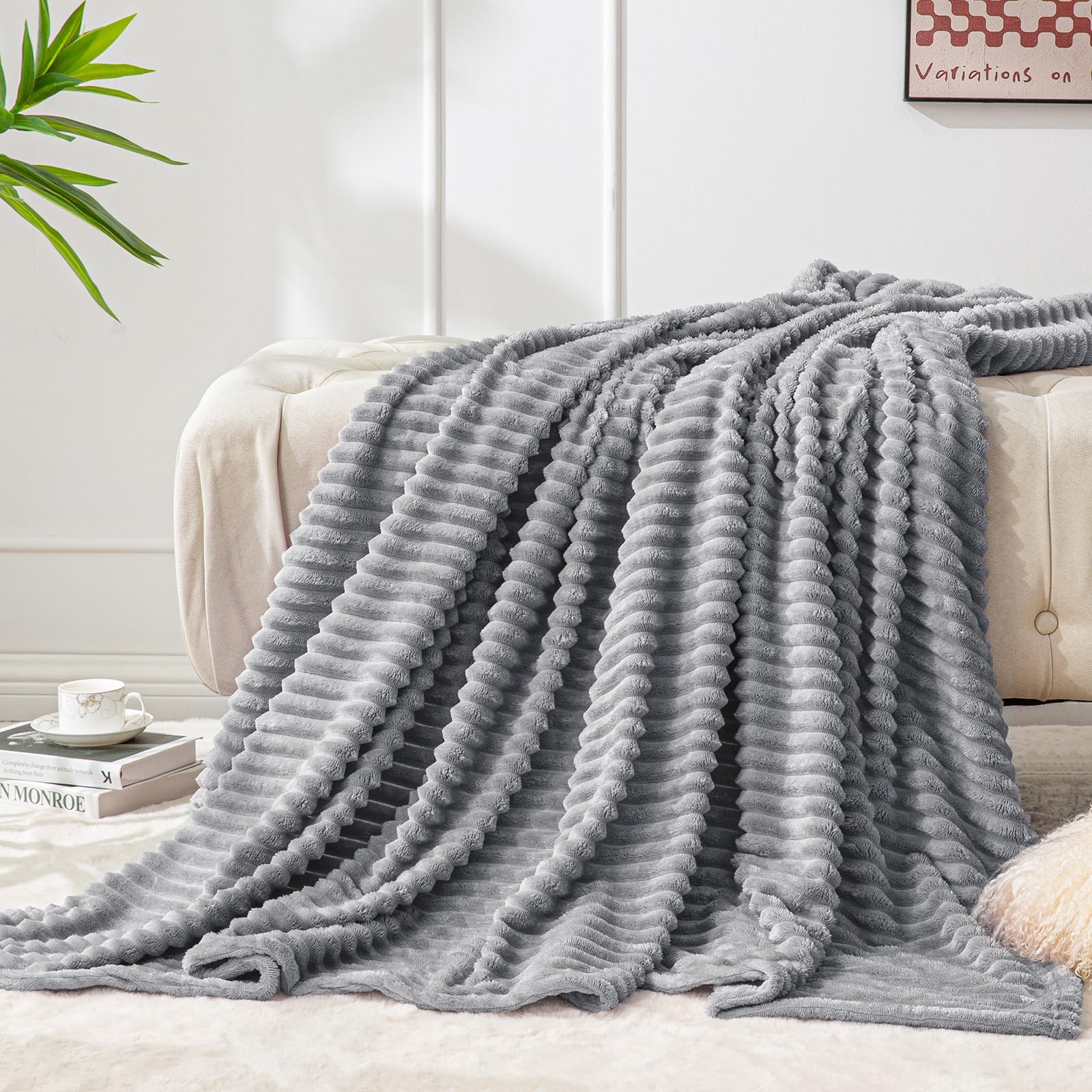 BEDELITE Fleece Throw Blanket for Couch – 3D Ribbed Jacquard Soft and Warm Decorative Fuzzy Blanket – Cozy, Fluffy, Plush Lightweight Pink Throw Blankets for Bed, Sofa, 50x60 inches
