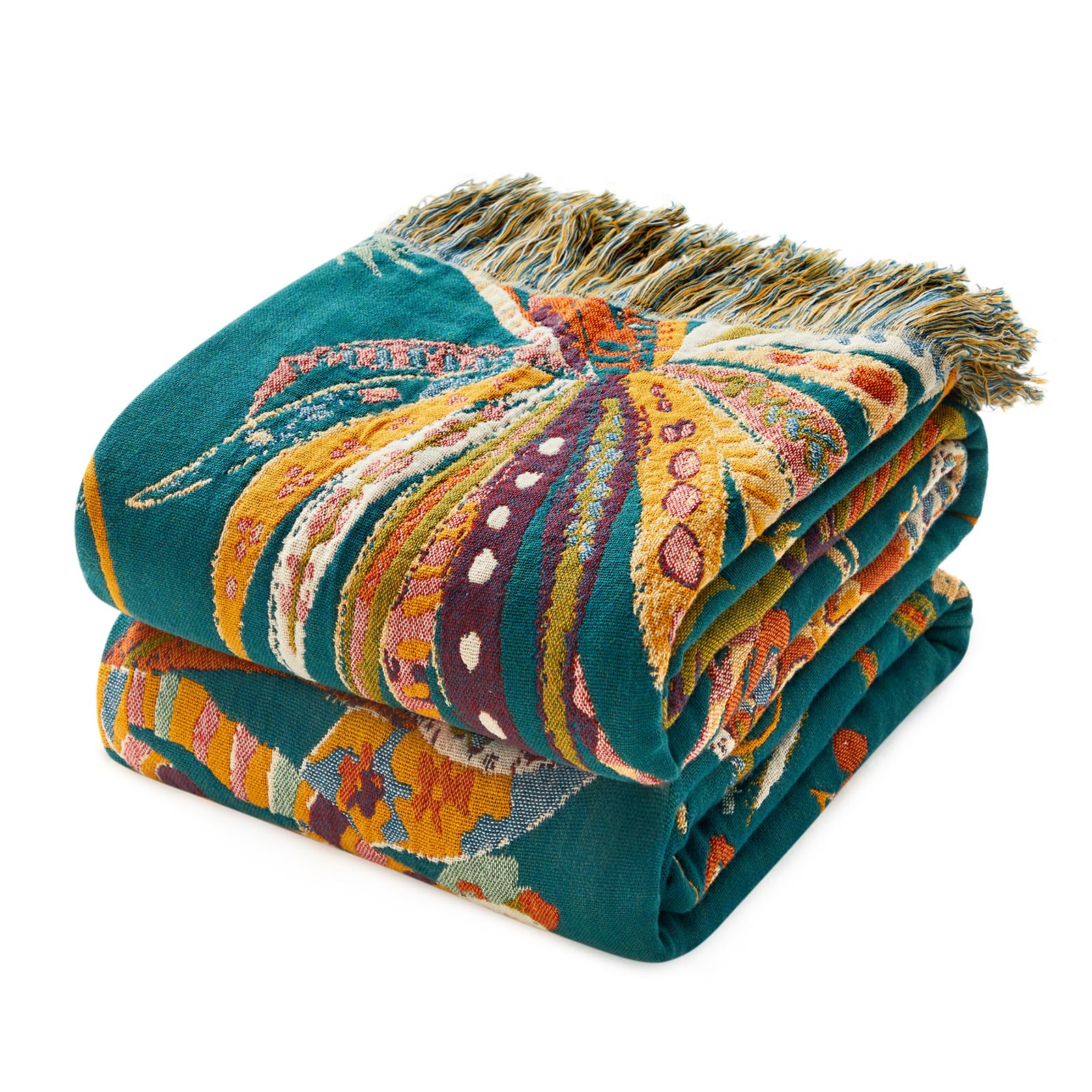 MSGKV Boho Throw Blanket 60''x80'',100% Cotton Blanket for Couch Bed, Summer Breathable Quilt Farmhouse Home Decor Soft Lightweight Picnic Blankets