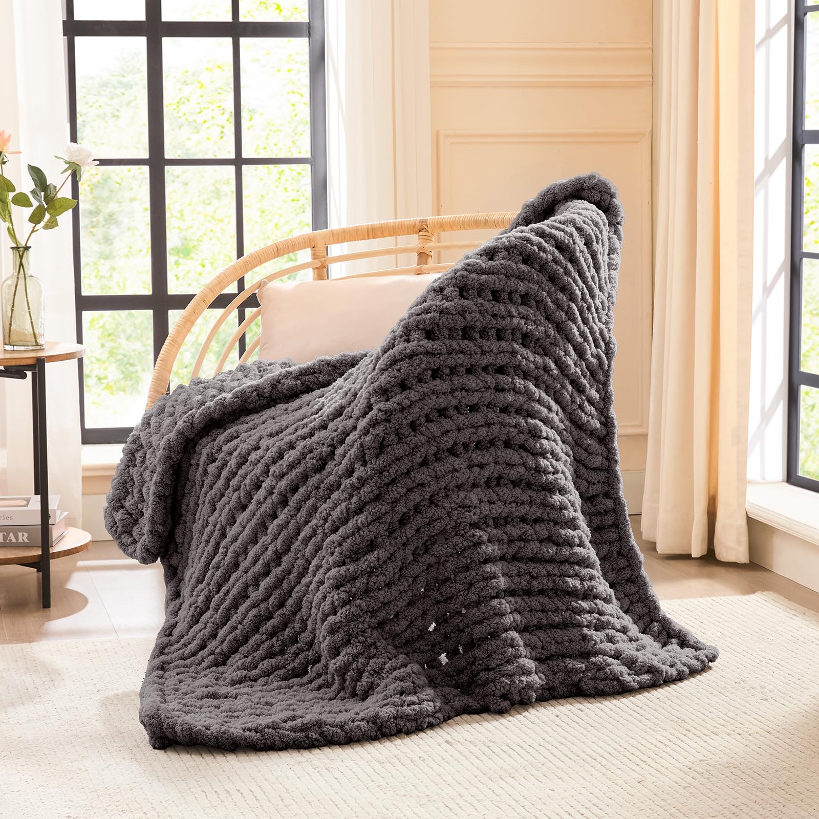 L'AGRATY Chunky Knit Blanket Throw,Soft Chenille Yarn Throw Blanket 50x60，Handmade Cable Knit Crochet Blanket,Large Knit Blankets Chunky Yarn,Rope Knot Throw Blanket for Couch Sofa Bed Home Decor